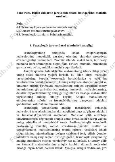 ishlab chiqarish jarayonida sifatni boshqarishni statistik usullari — DOCX