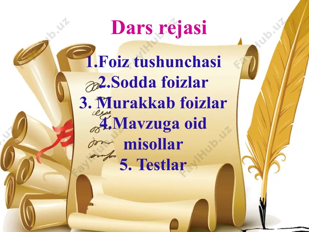 dan foiz stavkasi har yilga 8% deb belgilangan. tadbirkor 4 yil ichida olingan qarzni va foiz to’loviga qo’shimcha 1600 aqsh dollorini to’ladi va qarzdan qutuldi. tadbirkor qancha miqdorda qarz olgan edi. i=1600, r=8%, n=4 1600=c ∙0.08 ∙4 bundan c=5000(aqsh dollori) murakkab foizlar agar 6000 aqsh dollori miqdorida qarz yillik murakkab foiz stavkasi 8% bilan 3 yilda to’lash sharti bilan olingan bo’lsa,kreditor tomonidanolinadigan daromad qancha bo’ladi? qarz foiz to’lovi=i balans(1)+(2) 1 $6000,00 $6000 ∙ 0,08 ∙ 1=$480,00 $6480,00 2 $6480,00 $6480,00 ∙ 0,08 ∙ 1=$518,40 $6998,00 3 $6998,00 $6998,00 ∙ 0,08 ∙ 1=$559,87 $7558,27 demak, 6000 aqsh dollori miqdoridagi qarzdan qutulish uchun 3 yil mobaynida 7558,27 aqsh dollori miqdoridagi to’lovlarni amalga oshirish zarur. bunda kreditor $7558,27- $6000= $1558,27 miqdorda daromad oladi. bu daromad umumiy murakkab foiz to’lovi (ustama foiz) deb yuritiladi. agar qarz bir necha yilga berilgan bo’lsa,yakuniy balans quyidagicha hisoblanadi: bu yerda a-yakuniy balans,c-dastlab olingan qarz miqdori,r-har yilga belgilangan foiz …