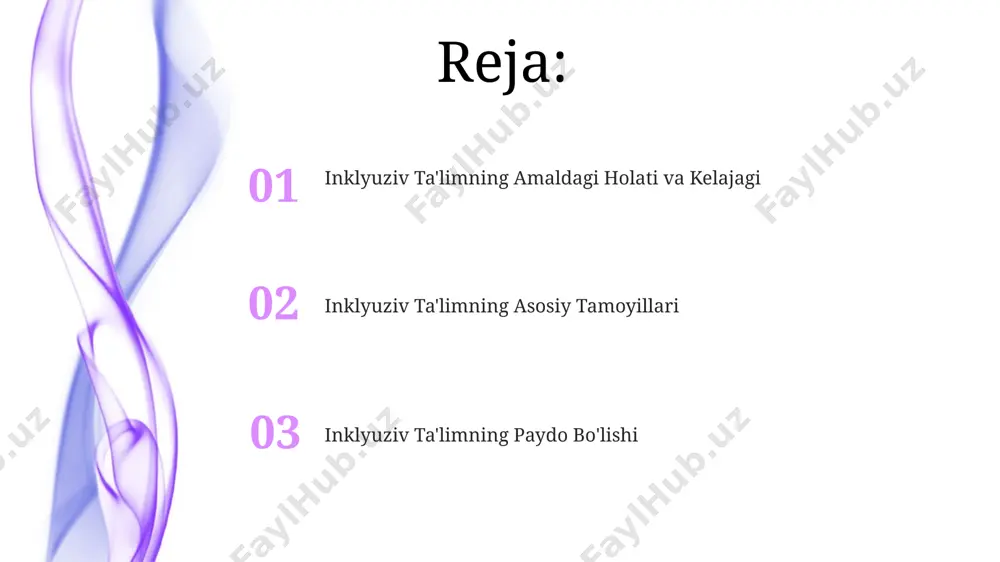 vatlash xizmatlarini taqdim etish kerak. inklyuziv ta'limning afzalliklari inklyuziv ta'lim o'quvchilarning akademik ko'rsatkichlarini 15-20% ga oshirishi mumkin, chunki ularning individual ehtiyojlari va o'rganish uslublari hisobga olinadi. inklyuziv sinf xonalarida hamkorlik va o'zaro hurmat kabi ijtimoiy-emotsional ko'nikmalar 25% ga yaxshilanadi, bu esa tengdoshlararo munosabatlarni mustahkamlaydi. inklyuziv ta'limning asosiy tamoyillari inklyuziv ta'limning asosiy tamoyillaridan biri – barcha o'quvchilarning, shu jumladan 3-4 yoshgacha bo'lgan bolalarning, o'ziga xos ehtiyojlarini inobatga olgan holda ta'lim olish huquqini ta'minlashdir. inklyuziv ta'limda kamida 2 ta asosiy pedagogik yondashuv qo'llaniladi: individualizatsiyalashgan ta'lim va differensiatsiyalashgan ta'lim, o'quv jarayonini moslashtirish orqali o'quvchilarning muvaffaqiyatini ta'minlashga qaratilgan. inklyuziv ta'limning paydo bo'lishi inklyuziv ta'limning paydo bo'lishi, 20-asrning o'rtalaridan boshlab, nogiron bolalar uchun maxsus maktablarning cheklangan imkoniyatlarini tanqid qilish natijasida kuchaygan ijtimoiy harakatlar bilan bog'liq. inklyuziv ta'limning samaradorligi bo'yicha tadqiqotlar, o'quvchilarning o'ziga xos ehtiyojlarini qondirish uchun kamida 5 ta asosiy strategiyani qo'llashning muhimligini ko'rsatdi. e'tiboringiz uchun rahmat @taqdimot_robot image4.jpg image5.jpg image6.jpg image7.jpg image8.jpg image9.jpg image10.jpg …