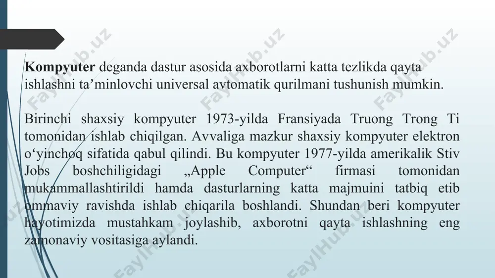 otirani quyidagi turlarga ajratish mumkin: operativ xotira – tezkor xotira, ram (random access memory). uning vazifasi dasturlar, ma‘lumotlar, qayta ishlangan va hosil qilingan oraliq natija ma‘lumotlarini saqlashdan iborat. kompyuterni kuchlanish manbaidan uzib qo‘yilsa yoki operatsion tizim qayta yuklanganida, tezkor xotiradagi saqlanayotgan ma‘lumotlar o‘chib ketadi. demak, bunday ma‘lumotlarni o‘chirilmasligi uchun ularni qattiq diskka vaqti-vaqti bilan yozib, saqlash kerak. хotira sig‘ imi megabayt (mb) va gigabaytlarda (gb) o‘lchanadi. kesh-xotira – operativ xotira bilan protsessor o‘rtasida mutanosiblikni ta‘minlovchi, ya‘ni, bufer vazifasini o‘tovchi, kompyuter unumdorligini oshirish imkonini beruvchi xotira. doimiy xotira – qurilmalar ishini nazorat qilish, kompyuter konfiguratsiya parametrlarini (setup) sozlash uchun dasturlarni, ya‘ni mikrodasturlarni doimiy ravishda saqlovchi qurilma. bunday mikrodasturlar to‘plami bios (kiritish chiqarishning bazaviy (asosiy) tizimi) deb ataladi. bios asosiy platada mikrosxema ko‘rinishida joylashtiriladi. doimiy xotira (inglizcha rom, read only memory – faqat o‘qish uchun mo‘ljallangan xotira) – kuchlanish manbaiga bog‘ liq bo‘lmagan xotira bo‘lib, unda doimiy ravishda ma‘lumotlar saqlanadi. bunday ma‘lumotlar …