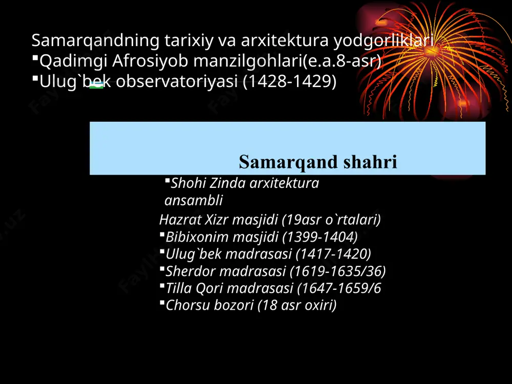 va hozirgi jumboqli sug`d davlatining poytaxti maroqand shahri qoldiqlari bilan tillashadi. samarqand shahridagi afrosiyob juda ko`p qonli voqealarni boshidan kechirgan. xiii asr boshlarida mo’g`ul bosqinchilari o`rta osiyoning tinch hayotiga tajovuz soldi, ular juda ko`plab shaharlarni, san`at yodgorliklari va madaniy boyliklarini vayron etdilar. chingizxon qo`shinlari tomonidan afrosiyob yer yuzidan yo’q qilindi. uylar va saroylar yondirildi, necha asrlab suv berib turgan suv quvurlari barbod etildi, gullab-yashnab turgan bog`lar kultepalarga aylantirildi. biroq shahar o`lmadi, aksincha, xiv-xv asrga kelib yanada gullab-yashnadi. bu kunlar buyuk sarkarda amir temurning samarqand shahrini o`z saltanatining markaziga aylantirishga qaror qilgan davrlarga to`g`ri keldi. amir temur saroyida bo’lgan ispan elchisi rui gonzales de klavixo o`z bitiklarida samarqand haqida quyidagilarni yozadi: “temur bu shaharning gullab-yashnashini xohlardi, u qaysi yurtni egallamasin, u yerdan odamlarni bu yerga yashashi uchun olib kelar, ayniqsa turli yo’nalishlardagi ustalarni yig`ishga harakat qilardi”. afrosiyob shaharchasi; ulug`bek rasadxonasi; hazrati hizr maschidi; bibixonim majmuasi; registon maydoni: ulug`bek madrasasi; sherdor madrasasi; …