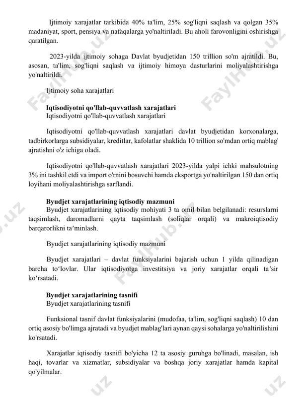rillion so'mdan ortiq mablag' ajratishni o'z ichiga oladi. iqtisodiyotni qo'llab-quvvatlash xarajatlari 2023-yilda yalpi ichki mahsulotning 3% ini tashkil etdi va import o'rnini bosuvchi hamda eksportga yo'naltirilgan 150 dan ortiq loyihani moliyalashtirishga sarflandi. byudjet xarajatlarining iqtisodiy mazmuni byudjet xarajatlarining iqtisodiy mohiyati 3 ta omil bilan belgilanadi: resurslarni taqsimlash, daromadlarni qayta taqsimlash (soliqlar orqali) va makroiqtisodiy barqarorlikni taʼminlash. byudjet xarajatlarining iqtisodiy mazmuni byudjet xarajatlari – davlat funksiyalarini bajarish uchun 1 yilda qilinadigan barcha toʻlovlar. ular iqtisodiyotga investitsiya va joriy xarajatlar orqali taʼsir koʻrsatadi. byudjet xarajatlarining tasnifi byudjet xarajatlarining tasnifi funksional tasnif davlat funksiyalarini (mudofaa, ta'lim, sog'liqni saqlash) 10 dan ortiq asosiy bo'limga ajratadi va byudjet mablag'lari aynan qaysi sohalarga yo'naltirilishini ko'rsatadi. xarajatlar iqtisodiy tasnifi bo'yicha 12 ta asosiy guruhga bo'linadi, masalan, ish haqi, tovarlar va xizmatlar, subsidiyalar va boshqa joriy xarajatlar hamda kapital qo'yilmalar. 📌xulosa byudjet xarajatlari turlari davlatning funktsiyalari va iqtisodiy siyosatini amalga oshirishda muhim rol o'ynaydi, ijtimoiy-iqtisodiy rivojlanishga ta'sir ko'rsatadi. …
