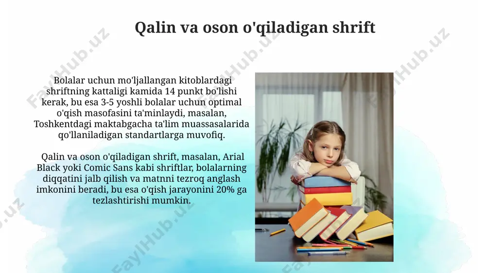 an, uzoqroq muddat saqlanishi mumkin. o'zbekistonning qog'oz ishlab chiqaruvchi korxonalari tomonidan ishlab chiqarilgan 300 g/m² zichlikdagi qattiq qog'ozdan tayyorlangan kitoblar evropa standartlariga mos keladi va 5 yoshgacha bo'lgan bolalar uchun xavfsiz hisoblanadi, chunki ularning burchaklari yaxshilab yumaloqlanadi. qisqa va sodda hikoyalar ushbu kitoblardagi rasmlar yorqin, katta va aniq bo'lib, 2-3 ta asosiy ranglardan foydalaniladi. ular bolalarning diqqatini jalb qilish va hikoyaning mazmunini yaxshiroq anglashga yordam beradi. qisqa hikoyalar tarkibida 1-2 ta asosiy qahramon va sodda syujet mavjud. masalan, toshkentda yashovchi qizning mushugi haqidagi 8 sahifali hikoya, bolalarning tasavvurini rivojlantirishga yordam beradi. interaktiv elementlar мактабгача ёшдаги болалар учун мўлжалланган китобларда 2-3 ёшдаги болалар учун мослаштирилган ҳаракатли қисмлар, масалан, очиладиган деразалар ёки айланадиган доиралар кўп учрайди. бу элементларнинг сони 5-7 тагача етиши мумкин. ўзбекистон бозорларидаги кўплаб китобларда, 4 ёшдан ошган болалар учун, сенсорли материаллардан фойдаланилади. масалан, қолинли, тумшуқли ёки турли текстурали саҳифалар, китоб билан ўзаро алоқани кучайтиради, 30% гача болаларнинг эсда сақлашини …