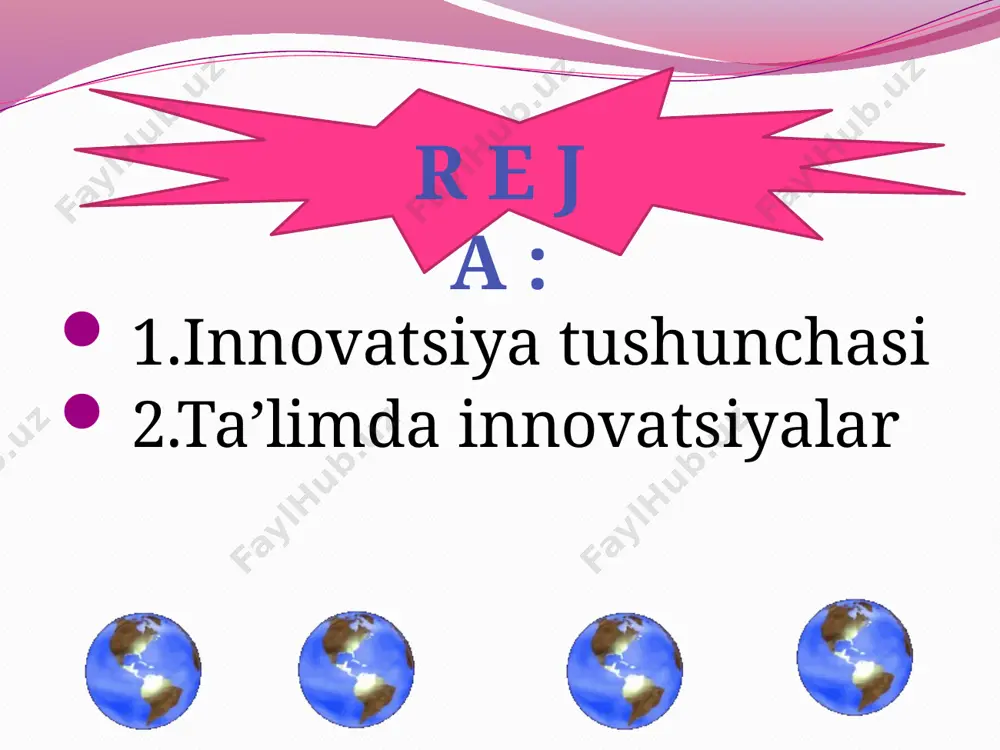 и инновацияларни қуйидагича таснифлаш мумкин: – фаолият йўналишига қараб (педагогик жараёндаги, бошқарувдаги); – киритилган ўзгаришларнинг тавсифига кўра (локал, модулли, тизимли); – келиб чиқиш манбаига кўра (шу жамоа учун ички ёки ташқаридан олинган). таълим тизимидаги ҳар қандай янгилик инновация бўла олмайди. шу сабабли «новация» ва «инновация» тушунчалари ўртасидаги асосий фарқларни кўрсатиб ўтиш зарур. бунинг учун ислоҳот фаолиятининг аниқ шакли, мазмуни ва кўлами асос бўлиб хизмат қилади. агар фаолият қисқа муддатли бўлса ва яхлит тизим хусусиятига эга бўлмаса, ўз олдига муайян тизимдаги фақат баъзи элементларини ўзгартиришни вазифа қилиб қўйган бўлса, у ҳолда биз новация хусусида фикр юритаётган бўламиз. агар фаолият маълум концептуал ёндашув асосида амалга оширилаётган бўлса ва унинг натижаси ўша тизим ривожланишига ёки унинг принципиал ўзгаришига олиб келса инновация деган тушунча шаклланади. инновациянинг амалиётга киритилиши инновацион жараёнларда амалга оширилади. инновацион жараён деб – инновацион ўзгаришларга тайёргарлик кўриш ва уни амалга ошириш жараёнига айтилади. инновацион жараён – бу педагогик янгиликлар, бу янгиликларнинг …