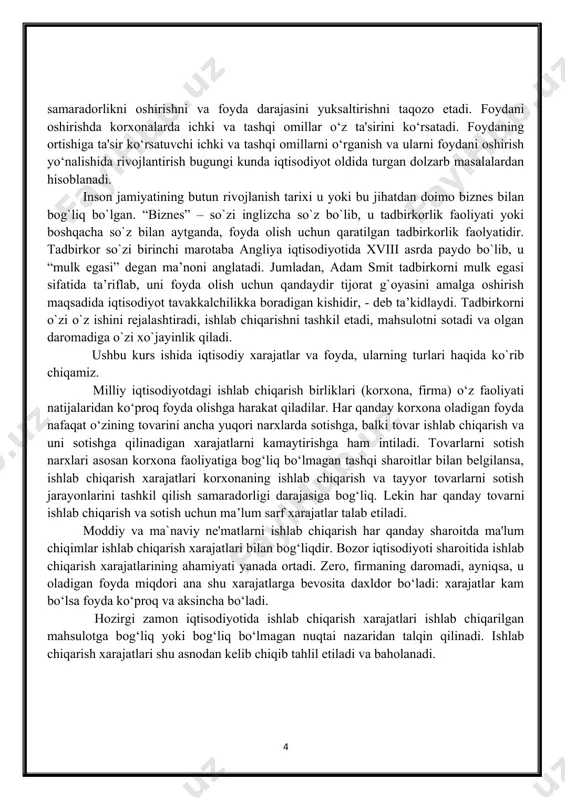 asi” degan ma’noni anglatadi. jumladan, adam smit tadbirkorni mulk egasi sifatida ta’riflab, uni foyda olish uchun qandaydir tijorat g`oyasini amalga oshirish maqsadida iqtisodiyot tavakkalchilikka boradigan kishidir, - deb ta’kidlaydi. tadbirkorni o`zi o`z ishini rejalashtiradi, ishlab chiqarishni tashkil etadi, mahsulotni sotadi va olgan daromadiga o`zi xo`jayinlik qiladi. ushbu kurs ishida iqtisodiy xarajatlar va foyda, ularning turlari haqida ko`rib chiqamiz. milliy iqtisodiyotdagi ishlab chiqarish birliklari (korxona, firma) o‘z faoliyati natijalaridan ko‘proq foyda olishga harakat qiladilar. har qanday korxona oladigan foyda nafaqat o‘zining tovarini ancha yuqori narxlarda sotishga, balki tovar ishlab chiqarish va uni sotishga qilinadigan xarajatlarni kamaytirishga ham intiladi. tovarlarni sotish narxlari asosan korxona faoliyatiga bog‘liq bo‘lmagan tashqi sharoitlar bilan belgilansa, ishlab chiqarish xarajatlari korxonaning ishlab chiqarish va tayyor tovarlarni sotish jarayonlarini tashkil qilish samaradorligi darajasiga bog‘liq. lekin har qanday tovarni ishlab chiqarish va sotish uchun ma’lum sarf xarajatlar talab etiladi. moddiy va ma`naviy ne'matlarni ishlab chiqarish har qanday sharoitda ma'lum chiqimlar …