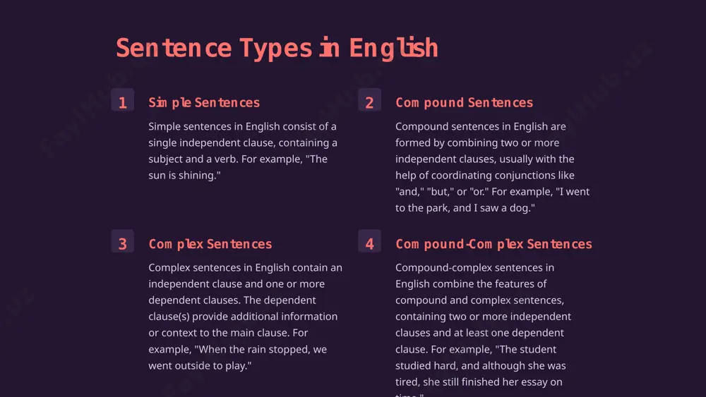 nd prepositions to convey grammatical relationships. 5 sentence complexity and usage 1 simple sentences both in english and uzbek, simple sentences are often used in casual conversations, children's literature, and basic language learning materials. they are straightforward and easy to understand, making them suitable for beginners or low-level language proficiency. 2 compound and complex sentences as language proficiency increases, the use of compound and complex sentences becomes more common in both english and uzbek. these sentence types are often found in academic writing, formal speeches, and more advanced literature. they allow for more nuanced expression and the conveyance of complex ideas. 3 compound-complex sentences the most complex sentence structures, such as compound-complex sentences, are typically reserved for sophisticated, formal, or literary contexts in both languages. these sentences can be challenging to comprehend, especially for non-native speakers or those at lower proficiency levels. 6 sentence structure and language learning comprehension understanding …