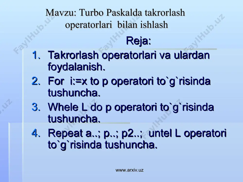 iyev toshkent “o`qituvchi” 2002 y www.arxiv.uz www.arxiv.uz texnologik harita www.arxiv.uz № dars bosqich-lari vaqt o`qituvchi faoliyati o`quvchi faoliyati texnologiya metod shakli vosita 1 tashkiliy qism 5 d salomlashish, yo’qlama, o`quvchilarni va xonani dars jarayoniga tayorlash. berilgan savollarga xozirjavoblik bilan javob beradilar. og`zaki gurux jurnal, ruchka. 2 kirish qismi 10 d o’tilgan mavzu yuzasidan fikr almashish. yangi mavzuni e’lon qilish. o`quvchilar berilgan savollarga fikr bildiradilar. yangi mavzu va rejasi bilan tanishadilar muxo-kama guruh doska, bo’r, adabiyot-lar 3 asosiy qism 30 d yangi mavzuni mazmunini tushuntirish. tinglab, kerakli yangi ma’lumotlarni yozib boradi. og`zaki yozma guruh multimediya vositalari, slaydlar. 4 mustaxkamlash qismi 30 d amaliy topshiriqlarni har bir guruhga taqsimlab berish. berilgan topshiriqlarni amaliy bajaradilar. kichik guruh-lar bilan ishlash. kichik gurux larda komp’yu-terlar 5 yakuniy qism 5 d baholash va topshiriqlarni berish. topshiriqlarni yozib olish va aniqlash yozma guruh adabiyot-lar www.arxiv.uz darsning mantiqiy strukturasi mazmuni maqsad kirish o’tilgan mavzuni takrorlash yangi mavzuning bayoni …