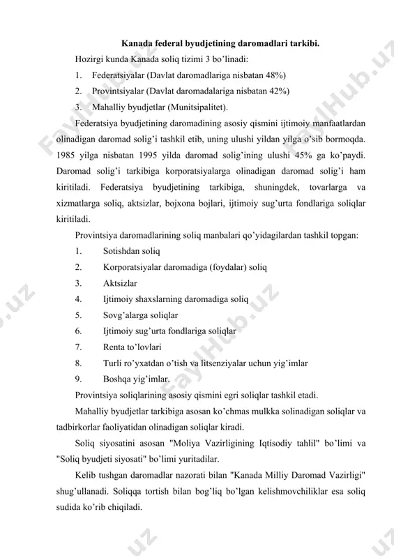 zlar berilgan. masalan: kvebek xududida foyda (daromad) solig’i bo’yicha belgilangan mustaqillikka egadir. har kvartalga soliq stavkasini o’zgartirish huquqiga ega va kelib tushgan daromadlarini o’z ehtiyojlarini va harajatlarini qoplash maqsadlarida yig’iladi. soliq qonunchiligining asosini qo’yidagi me’yoriy hujjatlar tashkil qiladi: 1. daromad solig’i tug’risidagi qonunlar. bu qonunlar daromad solig’i va korporatsiyalar foyda soliqlarini undirishini tartibga soladilar. 2.ishsizlikni sug’urta qilish to’g’risidagi qonun. kanadada jismoniy shaxslar daromadidan olinadigan soliqlar, ularning tarkibi. kanada soliq tizimida jismoniy shaxslardan olinadigan daromad solig’i "daromad solig’i" to’g’risidagi qonun asosida undiriladi. ushbu qonunda daromad tushunchasi aniq belgilanmagan. amaliyotda soliqqa tortish ob’ekti bo’lib, yalpi daromaddan xarajatlar chegirilgandan so’ng qolgan farq daromad hisoblanadi. ushbu soliqning sub’ektlari bo’lib kanadada istiqomat qiluvchi, faoliyat ko’rsatuvchi va biznes ishlari bilan shug’ullanuvchi shaxslar hisoblanadi. to’liq 1 yil mamlakatda istiqomat qilib daromad oluvchilarning daromadlari (chet el daromadlari ham) soliqqa tortiladi. norezidentlar ham kanadada olgan daromadlariga nisbatan daromad solig’iga tortiladilar. daromad tarkibiga turli xil manbalardagi tushumlar hisobga olinadi: 1. …