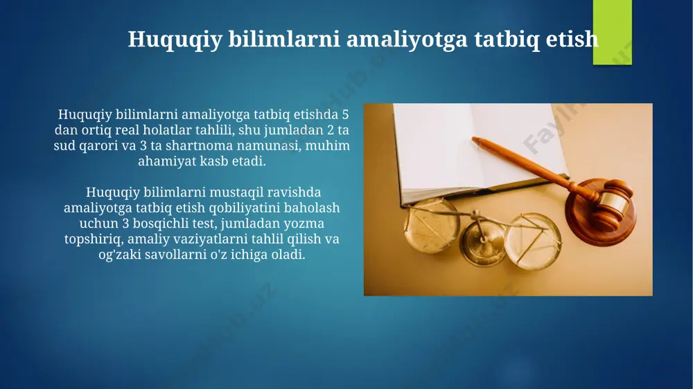 rda kompromiss topishga harakat qilinadi. axloqiy va professional standartlar yuridik bilim va amaliyotda axloqiy va professional standartlarga rioya qilish, 20 foizdan ortiq huquqbuzarliklarning oldini olishga yordam beradi, degan tadqiqotlar mavjud. axloqiy va professional standartlar yuridik ta’limning muhim tarkibiy qismini tashkil etadi, 5 ta asosiy qoida va 10 dan ortiq batafsil ko'rsatmalarni o'z ichiga oladi. xalqaro huquq va taqqoslash huquqi таққослаш ҳуқуқи усуллари, масалан, 3 та ёки ундан ортиқ ҳуқуқий тизимларни таҳлил қилиш орқали, ҳуқуқий нормалар ва институтларнинг ўхшашликлари ва фарқларини аниқлашга ўргатади. халқаро ҳуқуқ бўйича 50 дан ортиқ халқаро шартнома ва конвенцияларнинг мазмун-моҳияти, уларнинг аҳамияти ва амалий қўлланилишини чуқур ўрганишга алоҳида эътибор берилади. e'tiboringiz uchun rahmat @taqdimot_robot image6.jpg image7.jpg image8.jpg image9.jpg image10.jpg image11.jpg image12.jpg image13.jpg image14.jpg image15.jpg image16.jpg image17.jpg image18.jpg image19.jpg image20.jpg image21.jpg image22.jpg image2.png image3.png image4.png image5.png
