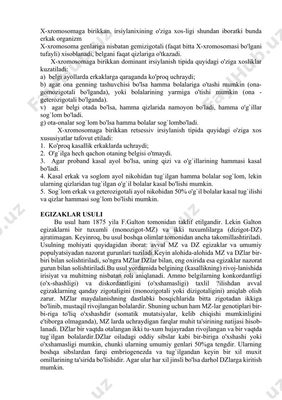 an belgi (kasallik) irsiymi yoki irsiymas ekanligi. 2. irsiylanish tipining qandayligi. 3. kelajak avlodning prognozi. 4. bundan tashqari bu usuldan odam populyatsiyalarida mutatsion jarayonlarning jadalligini o'rganishda, tibbiyot-genetika maslahatini o'tkazishda, genlarning birikishi va o'zaro ta'sirlari tanlaya qilishda va ularni kartalashtirishda ham foydalanish mumkin. genealogiya usuli 3 ta bosqichda o'tkaziladi: 1) ma'lumotlar to'plash; 2) avlodlar shajarasini tuzish; 3) avlodlar shajarasining taxlili. shajarani tuzishni probanddan boshlanadi. keyin esa uning i, ii, iii, iv darajadagi qarindoshlari so'raladi va tekshiriladi, qon-qarindoshlar bo'lmagan qarindoshlarni ham tekshiriladi. tibbiyotda bu usul klinik-genealogik usul deb ham ataladi, chunki shajara bironta kasal-likka nisbatan tuziladi.hozirgi davrda shajara tuzish ko'proq kasallikka nis-batan emas (chunki ko'p holatlarda bu juda qiyin, mutantgen shajara a'zolaridan birida bo'lsa ham kasallik. yuza-xa chiqmasligi-mumkin) balki kasallikning asosiy bel-gisiga kisbatan amalga oshiriladi.masalan, gapertoniyaning irsnylanishk o'rganilayot-ganda oilaning kichik a'zolari - bolalar o'rganilayotgan bo'lsin. tabiiyki, ularda hali gipertomnya kuzatil-maidi. shuning uchun bolalarda jismoniy mashq bilan test o`tkazish va qancha vaqtdan keyin …