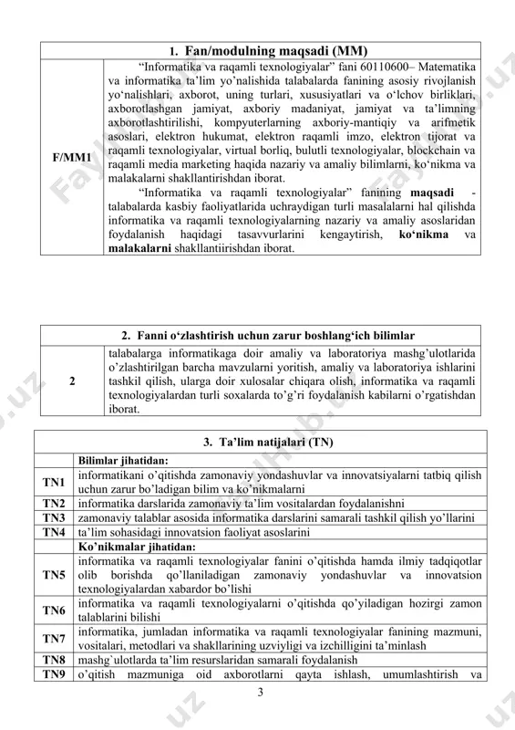 i. informatikaning asosiy rivojlanish yо‘nalishlari. zamonaviy informatika tuzilmasi. jamiyat va ta’limni axborotlashtirish 2 м2 axborotlarni kodlash va dekodlash. axborotning о‘lchov birliklari. kodlash va dekodlash tushunchalari. kodlash turlari. matnli axborotlarni kodlash usullari. grafik axborotlar va ularni kodlash. audio va video axborotlarni kodlash. 2 м3 raqamli texnologiyalar. raqamli texnologiyalar va ularning rivojlanish tendensiyalari. raqamli texnologiyalarning qо‘llanish sohalari. zamonaviy raqamli texnologiyalar: smart texnologiyalar (gadjetlar), buyumlar interneti (iot-internet of things), simsiz internet, wi-fi 6 va 5g, 3d bosma texnologiyalar, robototexnika. raqamli izlar va ularning turlari. iv-semestr м4 elektron hukumat va elektron tijorat. elektron hukumat tushunchasi. elektron hukumat vazifalari va prinsiplari. yagona interaktiv davlat xizmatlari portal. elektron raqamli imzo va uning ochiq va yopiq kalitlari. elektron tijorat (e-commerce) va elektron savdo (e-trade) xususiy belgilari va farqlari. elektron tijorat tizimlari. tо‘lov tizimlari, ular orqali tо‘lovlar va xaridlarni amalga oshirish. 2 м5 virtual va tо‘ldirilgan borliq. virtual borliq (virtual reality-vr) va uning asosiy tushunchalari. virtual borliq turlari. …