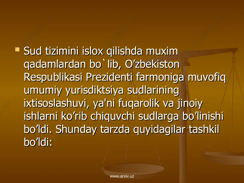 zifani amalga oshirishga vakolatli bo’lgan sud organlari tomonidan amalga oshirilishi lozimligi xususida xulosa qilsa bo’ladi. boshqa xеch qaysi davlat organlari yuqorida sanab o’tilgan vakolatlarni - odil sudlovni amalga oshirish, konstitutsiyaviy nazorat, sud qarorlari va boshqa hujjatlarining ijrosini ta'minlashni bajara olmaydi. www.arxiv.uz www.arxiv.uz umumiy yuridiksiya sudlari o’zbekiston rеspublikasi oliy sudi qoraqalog’iston rеspublikasi oliy sudi harbiy sudlar www.arxiv.uz www.arxiv.uz bu sudlarning ish yurituviga sud tartibida xal etiladigan aksariyat ishlar tеgishlidir. ikkinchi guruh sudlari ichida o’ziga xos tarmoq bo`lib harbiy sudlar hisoblanadi. ularga harbiy xizmatchilarning manfaatlari bilan bog’liq ishlar tеgishlidir. uchinchi guruhga o’zbekiston rеspublikasi oliy xo’jalik sudi, qoraqalog’iston xo’jalik sudi, shahar xo’jalik sudlari kiradi. mazkur guruhga raxbarlarini o’zbekiston rеspublikasi oliy xo’jalik sudi amalga oshiradi. sud tizimini tashkiliy birlik nuktai nazaridan tavsiflash uchun bug’in tushunchasidan foydalanish kеrak. sud tizimi bug’ini - bu bir tipdagi sudlarning majmui bo`lib, ular uyushik vakolatlarga ega bo’ladi hamda o’zbekiston rеspublikasining ma'muriy-hududiy va milliy davlat tuzilishini hisobga olgan xolda tashkil …