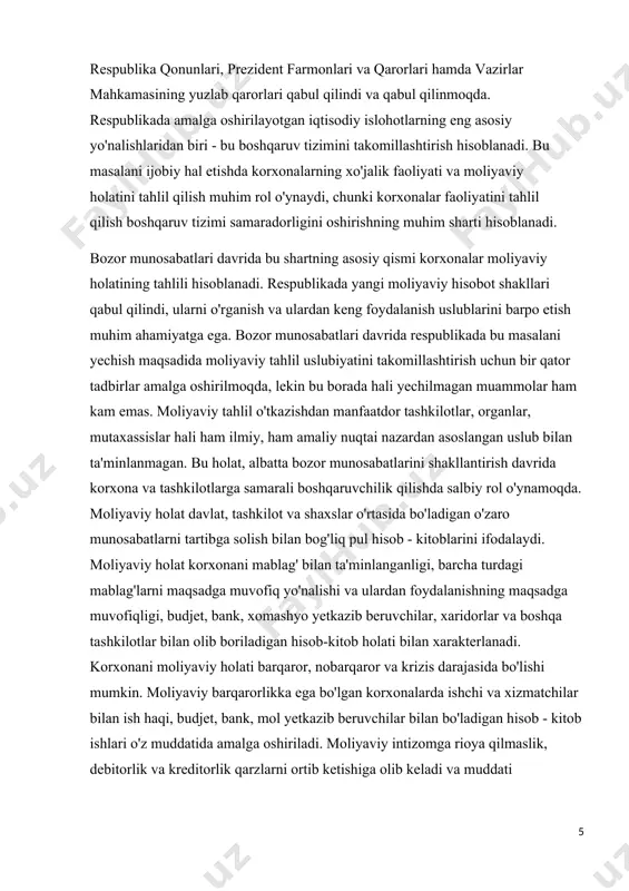 ot, menejment va marketing, statistika, buxgalterrya hisobi, audit, moliya, kredit, pul muomalasi va boshqalar tashkil etadi, demak, tahlilchi mutaxassis-auditorlar keng iqtisodiy ilmga ega bo'lishlari lozim. korxonalarning moliyaviy holatini tahlil qilish, ya'ni moliyaviy tahlil - bu keng ko'rsatkichlar yordamida, kompleks usullaridan foydalanib komonalarning moliyaviy resurslari borligini, holatini, joylashganligi va ulardan foydalanish darajasini ifodalashdir. moliyaviy tahlil ko'p qirrali murakkub jarayon bo'lib, u tashkil qilinishi, buning uchun esu bir qator talablarga asoslanishi kerak. bu talablur quyidagilardun iborat: - absolut va nisbiy ko'rsatkichlar o'rtasidagi aloqalarni borligini bilish; - moliyaviy tahlil mobaynida absolut va nisbiy ko'rsatkichlardan birgalikda foydalanish; - moliyaviy tahlil mantiqiy ravishda amalga oshirilib, u induktiv usulga - alohida hodisalardan umumiy hodisalarga o'tish, moliyaviy holatning bir shakl ko'rinishidan umumiy ko'rinishga o'tish va deduktiv usulga - umumiy hodisalardan alohida hodisalarga o'tishga asoslanib tahlil qilish, hamma foydalanilayotgan ko'rsatkichlar bir xil, asoslangan usulda aniqlanishi lozim; moliyaviy holatni tahlil qilishda tahlil qilinayotgan korxona ko'rsatkichlarini boshqa korxonalar, o'rtacha tarmoq …