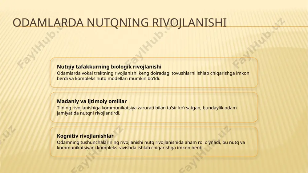 nishiga ta'sir qiladi. interveksiya va qo'llab-quvvatlash nutqiy xavotirlar va rivojlanishni kechiktirish uchun tez interveksiya, nutq terapiyasi, ta'limiy qo'llab-quvvat va oilaviy qatnashish foydali bo'ladi. nutqiy tafakkurning rivojlanishi 1 2 3 tilni rejalashtirish artikulyatsiya monitoring va qaytaruv tilni rejalashtirish so'z tanlash va ularni gapirishdan oldin ularga mos keluvchi so'zlarini tanlash va ulardan iborat koherent tuzilishga o'ziga xosdir. artikulyatsiya til, lib, vokal tizimining harakatlari orqali nutqni chiqarishning jismoniy jarayoni deb ta'riflanadi. monitoring va qaytaruv o'z nutqni doimiy baholash va eshitiladigan va hissiy qayta aloqa asosida o'z nutqi rivojlanishini baholashni o'z ichiga oladi. erkinlik davridagi o'ylash jarayonlarining rivojlanishi iroq va tasavvurlar rivojlanishi chaqaloqlar muhit bilan ta'zimlashuv, yuzlarni tanish va ranglarni va shakllarni ajratish kabi tajribalar orqali hissiyot va tasavvurlarini rivojlantirishadi. til va muloqot rivojlanishi chaqaloqlar ovoz chiqarish, tovushlarni oʻzlashtirish va soʻnggina soʻz va oddiy jumladan foydalanib, oʻz ehtiyojlari bilan muloqot qilish orqali tilni tushunish va ishlab chiqishni boshlaydi. kognitiv rivojlanish chaqaloqlar muammolarni echish qobiliyatlari, …