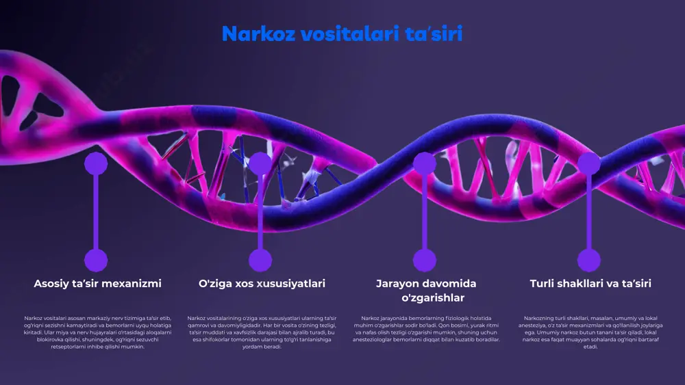 kozga misol sifatida sevoran va halotan, mahalliy narkoz uchun esa lidokain va bupivakain ko'rsatilishi mumkin. bu misollar har bir toifaga mos keluvchi turli xil narkoz vositalarini ko'rsatadi. xulosa narkoz vositalarining klassifikatsiyasi ularni samarali va xavfsiz ishlatishda muhim rol o'ynaydi. har bir tur o'zining xususiyatlari va ko'rsatmalari bilan ajralib turadi, bu esa jarrohlar uchun muhim ma'lumotdir. klassik narkoz vositalari klassik narkoz vositalari uchta asosiy turga bo'linadi: 1. **halotan** - gaz holatida bo'lib, tez ta'sir ko'rsatadi va jigar funktsiyasini pasaytiradi. u umumiy narkozda bemorlarni uyqu holatiga o'tkazish uchun ishlatiladi. 2. **enfluran** - qulaylik va tez ta'sir qilish xususiyatiga ega, asosan o'z ichiga olgan organlar orqali metabolizmga kiradi. 3. **isofluran** - kuchli ta'sir ko'rsatadi va tezda miya faoliyatini pasaytiradi, jarrohlik amaliyotlarida keng qo'llaniladi. har bir vosita o'ziga xos mexanizm va foydalanish sohalariga ega bo'lib, jarrohlik amaliyotlarida bemorlarni nazorat qilishda muhim rol o'ynaydi. photo by national cancer institute on unsplash yangi avlod narkoz vositalari …