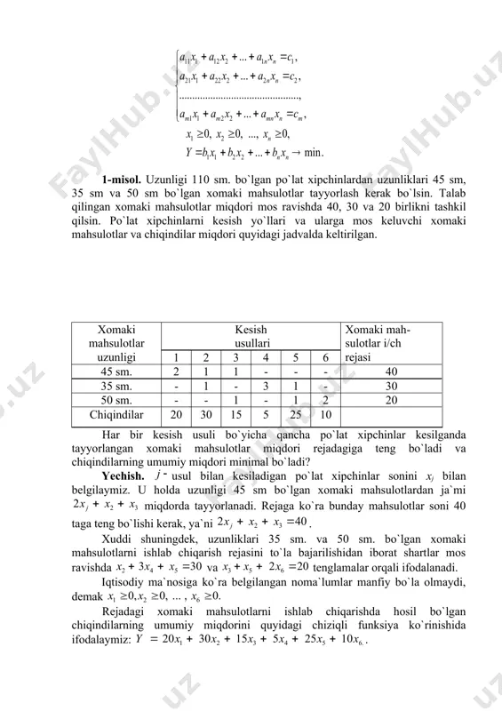 olda uzunligi 45 sm bo`lgan xomaki mahsulotlardan ja`mi miqdorda tayyorlanadi. rejaga ko`ra bunday mahsulotlar soni 40 taga teng bo`lishi kerak, ya`ni . xuddi shuningdek, uzunliklari 35 sm. va 50 sm. bo`lgan xomaki mahsulotlarni ishlab chiqarish rejasini to`la bajarilishidan iborat shartlar mos ravishda va tenglamalar orqali ifodalanadi. iqtisodiy ma`nosiga ko`ra belgilangan noma`lumlar manfiy bo`la olmaydi, demak rejadagi xomaki mahsulotlarni ishlab chiqarishda hosil bo`lgan chiqindilarning umumiy miqdorini quyidagi chiziqli funksiya ko`rinishida ifodalaymiz: . masalaning shartiga ko`ra bu funksiya minimum qiymatni qabul qilishi kerak, ya`ni shunday qilib, quyidagi chiziqli programmalashtirish masalasiga ega bo`lamiz: . 2-misol. konditer fabrikasi uch turdagi karamellarni ishlab chiqarish uchun uch xil xom ashyo: shakar, qiyom va quruq mevalar ishlatadi. 1 tonna karamel turlarini ishlab chiqarish uchun sarf qilinadigan xom ashyolar miqdori (me`yori), xom ashyolarning zahirasi hamda 1 tonna karamelni sotishdan olinadigan daromad quyidagi jadvalda keltirilgan. xom ashyo turlari 1 tonna mahsulotga xom ashyo sarfi (t.hisobida) xom ashyo zahirasi a …