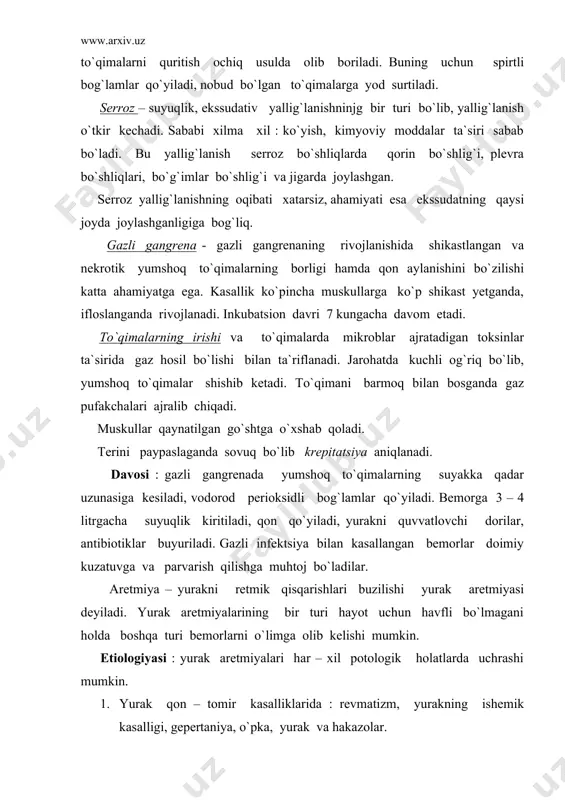 lektor ta`sirotlaridan endokrin boshqarishning buzilishidan elektrolit muvozanatning buzilishidan, kislota, ishqor muvozanatining buzilishidan o`zining retmik qisqarishni yuqotadi. 3. fizik va kimyoviy ta`sirotlar : alkagolli ichimliklar, jarohat, gepoktsiya, gepertermiya davolash degitalis, siydik haydovchi, simpatomimetiklar ta`siri. 4. yurak retmining idionitik buzilishlari. yurak aretmiyalari tasnifi. i. yurak avtomatizmi buzilishi. ( sinus taxikardiyasi, sinus bradikardiyasi, sinus aretmiyasi.) ii. yurak qo`zg`alishining buzilishi (ekstrasistopiya, paroksizmoltaxikardiya) iii. o`tkazuvchanlikning buzilishi : yurak bloki. iv. titroq aretmiya. bradikardiya - yurakning sekin urishi. tinch turganda, uxlaganda yurak sekin uradi. animiya – kam qonlikda, odam och qolganda ham yurakning sekin urushi kuzatiladi. geperimiya – to`qimalarda qonni ortiqcha to`planishi. arteriyal to`la qonlik – arteriyal sistemaga normadagidan ko`proq miqdorda qon kelib turadigan bo`lsa – yu undan oqib ketadigan qon normal miqdorda qolaveradigan bo`lsa, arteriyal to`la qonlik vujudga keladi. umumiy qon miqdori ko`payganidan yoki qon shakli elementlari masalan : eritrotsitlar soni ortib ketganida ko`riladi. teri va shilliq parda qatlamlari qizil tusga kiradi. ishemiya – ( …