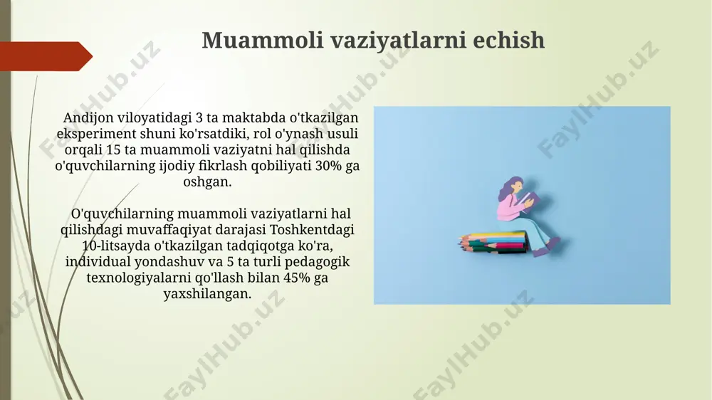 adigan ijodkor o'qituvchilar 3 ta turli fan bo'yicha o'quv dasturlarini 20% ga qisqartirib, samaradorligini 15% ga oshirishadi. ommalashgan ta'limdagi ijodiylikning ahamiyati o'qituvchining ijodiyligi, 2023-yilgi ma'lumotlarga ko'ra, toshkentdagi 5000 ta maktabda o'quvchilarning 70% da o'rganishga bo'lgan qiziqishini oshirishga yordam beradi. innovatsion pedagogik texnologiyalar, jumladan, interfaol o'yinlar va loyihalar, andijon viloyatida 3000 dan ortiq o'qituvchining faoliyatida qo'llanib, o'quv jarayonini yanada qiziqarli va samarali qiladi. ijodiy o'qituvchining namunalari buxoro viloyatining qorako'l tumanidagi maktabda ishlaydigan gulchehra opa, 50 dan ortiq ijodiy loyihalarni amalga oshirdi, ularning 25 tasi respublika miqyosidagi tanlovlarda yuqori o'rinlarni egalladi, shu bilan birga o'quvchilarning faolligi 40% ga oshdi. toshkent shahridagi 17-litsеydagi fizika o'qituvchisi, 30 yillik tajribaga ega bo'lgan farhod aka, o'quv jarayoniga virtual reallik texnologiyalarini joriy etib, o'quvchilarning fanni tushunish darajasini 15% ga yaxshiladi. o'qituvchining o'z ustida ishlashi o'qituvchi yiliga kamida 3 ta yangi metodlarni sinab ko'rishi, shuningdek, 20 ta o'quvchi bilan o'tkazilgan eksperiment natijalarini tahlil qilish orqali o'z uslubini takomillashtirishi …