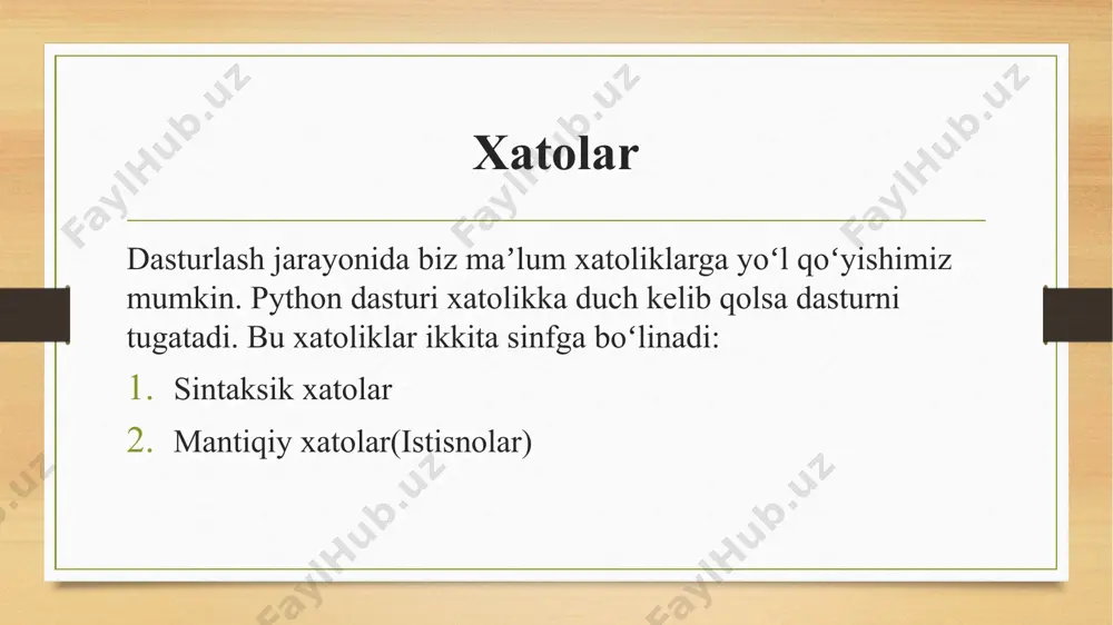 biroq, agar 0 kiritsak,except bloki else ichidagi kod blokidagi istisnolarni boshqarmaganligi tufayli zerodivisionerror kelib chiqadi: pythonda try...finally pythonda, finally bloki istisno bo'ladimi yoki yo'qmi, har doim bajariladi. finally blok ixtiyoriy va har bir tekshiruv bloki uchun faqat bitta finally blok bo'lishi mumkin. image5.png image6.png image7.png image8.png image9.png image10.png image11.png image12.png image13.png image14.png image15.png image16.png image17.png image18.png image19.png image20.png image21.png image22.png image23.png image24.png image25.png image26.png image27.png image28.png image29.png image30.png image31.png image32.png image33.png image3.png image4.png /docprops/thumbnail.jpeg