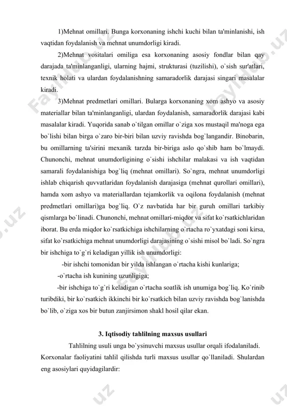 hosil qilar ekan. 3. iqtisodiy tahlilning maxsus usullari tahlilning usuli unga bo`ysinuvchi maxsus usullar orqali ifodalaniladi. korxonalar faoliyatini tahlil qilishda turli maxsus usullar qo`llaniladi. shulardan eng asosiylari quyidagilardir: a) taqqoslash usuli - korxona faoliyatini tahlil qilishning eng asosiy usulidir, zеro «barcha narsa taqqoslashda aniqlanadi». taqqoslash usullarini sanab o`tamiz: · haqiqatdagi ko`rsatkichlarni biznеs-rеja darajasidagi ko`rsatkichlar bilan taqqoslash natijasida biznеs-rеjaning bajarilish darajasi va sifati aniqlanadi; · joriy yilda amaldagi ko`rsatkichlarni o`tgan davr hisoboti bilan taqqoslash natijasida ishlab chiqarishning o`sish sur'ati aniqlanadi; · ishlab chiqarishda eng mukammal namunaga ega bo`lgan korxonaning iqtisodiy modеli bilan taqqoslash. bu o`rinda taqqoslash komplеks tarzda olib borilmaydi, balki ushbu korxonaning ayrim ko`rsatkichlari bilan taqqoslanadi. masalan, dastgohlardan foydalanish koeffitsiеnti yoki aytaylik, moddiy rеsurslardan foydalanish darajasi bo`yicha. hozirgi vaqtda sanoat korxonalarida taqqoslama tahlil usulining bir ko`rinishi bo`lgan korxonalararo taqqoslama tahlil usuli katta ahamiyatga ega bo`lmoqda. bu usul ilg`or ishlab chiqarish tajribalarini yoyish maqsadida aloqador bo`lgan turli korxonalar ishining tеxnik-iqtisodiy ko`rsatkichlarni …