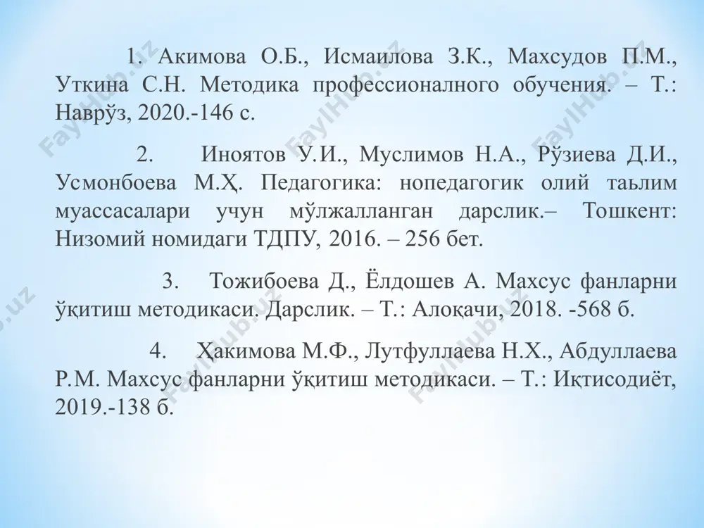 ни қабул қилишга халақит берадиган хориж атамалари ва тушунчаларини суистеъмол қилиш; 2) паразит сўзлар: «мана», «демак» ва шу кабилар учраши; 3) овознинг ҳаддан ташқари юқори бўлиши: бу каби нутқни тингловчилар 8-10 дақиқадан сўнг қабул қила ололмайдилар; 4) 14-15 сўздан ошиқ бўладиган сўз бирикмаларини тузиш: бу каби жумлалар қабул қилинмайди, грамматик тузилма мураккаблиги туфайли моҳият тушунарсиз бўлади; 5) бир маромдаги интонация, маърузанинг эътиборли жойларида урғу бермаслик ва шу кабилар. маърузачиларни баҳолаш кўрсаткичлари ва мезонлари баҳолаш кўрсаткичлари баҳолаш мезонлари ҳа (2 балл) қисман (1 балл) йўқ (0 балл) сўзга чиқиш мавзуи ва мақсади 1. маъруза мавзуси тушунарлими? 2. мақсад аниқ шакллантирилганми? мазмуни 1. қизиқарлими? 2. мантиқли ва аниқми? 3. ишонтирадиганми? 4. маълумот янгими? 5. ғоялар бирламчими? нутқ ва тили 1. икки маънолик сўзлар йўқми? 2. гаплар қисқами? 3. матнда мужмал гаплар йўқми? 4. кўп гаплик йўқми? 5. нутқда тушунишга ҳалақит берувчи хатолар йўқми? ташқи кўриниши, ўзини тута билиши 1. дадиллик билан ўзини …