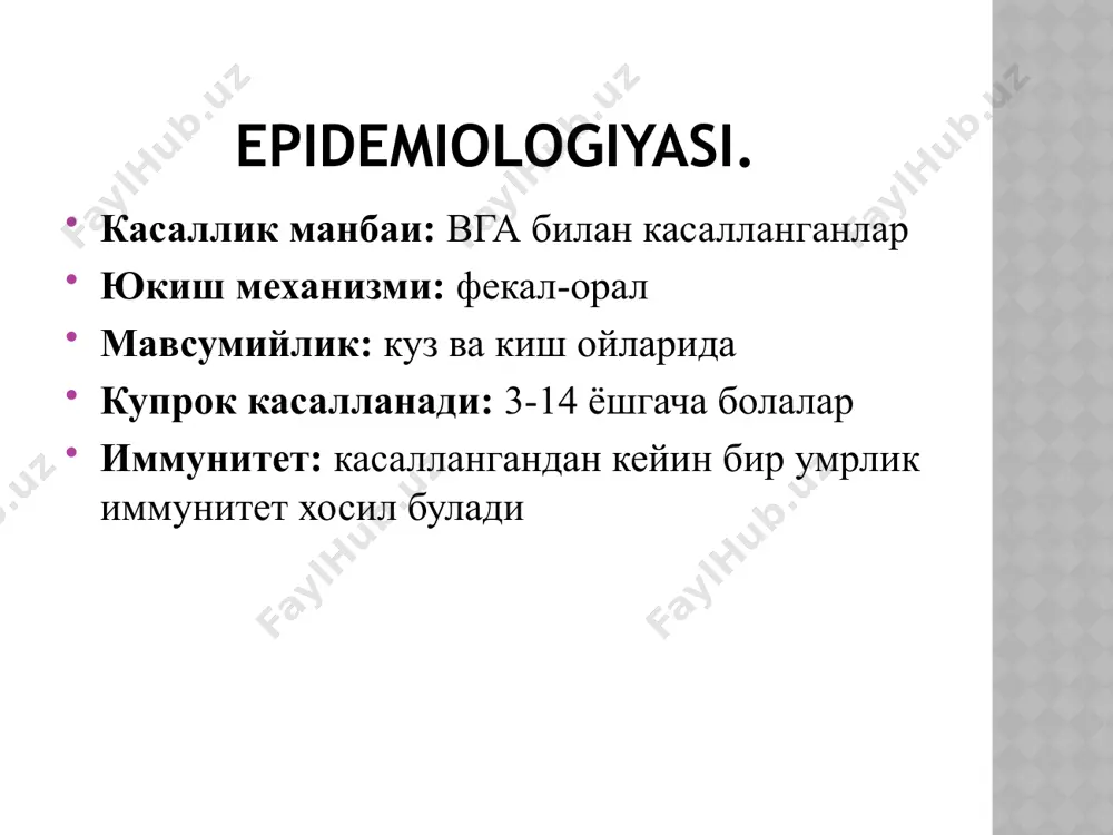 oz ortgan, jigar-hujayra fermentlari 5-10 marta oshgan. kasallik siklik, yaxshi oqibatli kechadi. sariqlik davri 7-10 kun davom etadi. jigar o‘lchamlari kasallikning 20-25 kunida o‘z holiga keladi. o‘rtacha og‘ir shakli 30% hollarda uchraydi va o‘rtacha zaharlanish belgilari bilan ifodalanadi. boshlang‘ich davrida tana harorati 38-39 0 s gacha chiqadi. holsizlik, dispeptik o‘zgarishlar, qorinda og‘riq kuzatiladi. sariqlik paydo bo‘lishi bilan zaharlanish belgilari pasayadi, lekin yana 2-3 kun umumiy holsizlik, ishtaha pastligi, ko‘ngil aynishi, bir martalik qusish kuzatiladi. sariqlik o‘rtacha darajadan kuchli ifodalangangacha bo‘ladi. jigar og‘riqli, cheti tekis, qattiq, qovurg‘a ravog‘idan 2-5 sm chiqib turadi. taloq 14% bolalarda kattalashadi, bradikardiya, gipotoniya kuzatiladi. peshob miqdori kamayadi. qonda umumiy bilirubin miqdori 85-200 mkmolgl gacha, shundan bog‘lanmagan fraksiyasi miqdori 50 mkmolgl bo‘ladi. ko‘p holda pti pasayadi (60-70% gacha). timol sinamasi oshadi. jigar-hujayra fermentlari faolligi 10-15 marta oshadi. kasallik tekis kechadi. zaharlanish belgilari 10-14 kungacha, sariqlik 2-3 hafta, o‘rtacha 14-15 kun davom etadi. jigar faoliyatining to‘liq tiklanishi kasallikning …