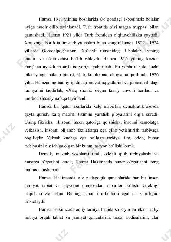 hining o`zi chuqur bilimga ega bo`lgan, qobiliyatli va yuksak axloqiy fazilatli bo`lishi kerak. hamza hakimzoda ta`lim-tarbiya haqida bildirgan fikrlarida bolalarning sog`lom bo`lishiga ham e`tibor beradi. u ayniqsa, ta`lim-tarbiyada ota-onalarning muhim o`rin tutishini ta`kidlaydi, bolaning go`zal axloqli bo`lib kamol topishi uchun oila muhitida tarbiyaning to`g`ri yo`lga qo`yilishi zarurligini aytadi. shoirning fikricha bola — odobning boshini ota-onadan oladi, o`rganadi, bunga jiddiy e`tibor berilmasa tarbiya juda qiyin kechadi va yomon oqibatlarga olib borishi aniq ekanligini aniq-ravshan bayon etadi. hamza hakimzodaning axloqiy tarbiya xususidagi qarashlarida yoshlarni insonparvarlik ruhida tarbiyalash ham alohida o`rin egallaydi. uning fikricha, yoshlardagi insonparvarlik kishilarning qadr-qimmatini anglash, uni hurmat qilish, insoniy huquqlarini himoya etish, ularga hurmat bilan muomala qilishdan iborat bo`lishi kerak. yoshlarni insonparvalik ruhida tarbiyalash ularda o`ziga yaqin bo`lgan kishilarga, avval ota-onasiga samimiy muhabbat tuyg`usini rivojlantirishdan boshlanishi kerak. shu tufayli ham, shoir o`z darsliklariga kiritgan bir qator she`r va hikoyalarida bolalarni o`z ota-onalariga mehribon bo`lishga, ularni qadrlashga va hurmat qilishga …