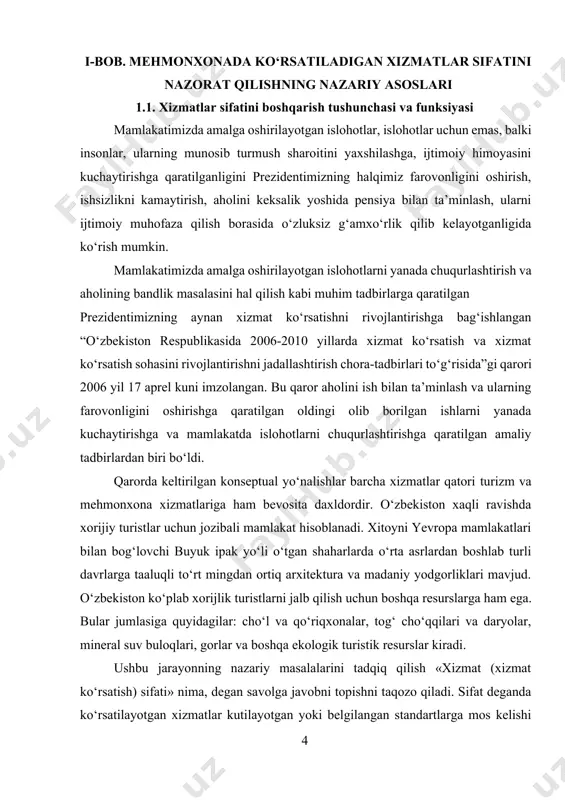 ofaza qilish borasida o‘zluksiz g‘amxo‘rlik qilib kelayotganligida ko‘rish mumkin. mamlakatimizda amalga oshirilayotgan islohotlarni yanada chuqurlashtirish va aholining bandlik masalasini hal qilish kabi muhim tadbirlarga qaratilgan prezidentimizning aynan xizmat ko‘rsatishni rivojlantirishga bag‘ishlangan “o‘zbekiston respublikasida 2006-2010 yillarda xizmat ko‘rsatish va xizmat ko‘rsatish sohasini rivojlantirishni jadallashtirish chora-tadbirlari to‘g‘risida”gi qarori 2006 yil 17 aprel kuni imzolangan. bu qaror aholini ish bilan ta’minlash va ularning farovonligini oshirishga qaratilgan oldingi olib borilgan ishlarni yanada kuchaytirishga va mamlakatda islohotlarni chuqurlashtirishga qaratilgan amaliy tadbirlardan biri bo‘ldi. qarorda keltirilgan konseptual yo‘nalishlar barcha xizmatlar qatori turizm va mehmonxona xizmatlariga ham bevosita daxldordir. o‘zbekiston xaqli ravishda xorijiy turistlar uchun jozibali mamlakat hisoblanadi. xitoyni yevropa mamlakatlari bilan bog‘lovchi buyuk ipak yo‘li o‘tgan shaharlarda o‘rta asrlardan boshlab turli davrlarga taaluqli to‘rt mingdan ortiq arxitektura va madaniy yodgorliklari mavjud. o‘zbekiston ko‘plab xorijlik turistlarni jalb qilish uchun boshqa resurslarga ham ega. bular jumlasiga quyidagilar: cho‘l va qo‘riqxonalar, tog‘ cho‘qqilari va daryolar, mineral suv buloqlari, gorlar …