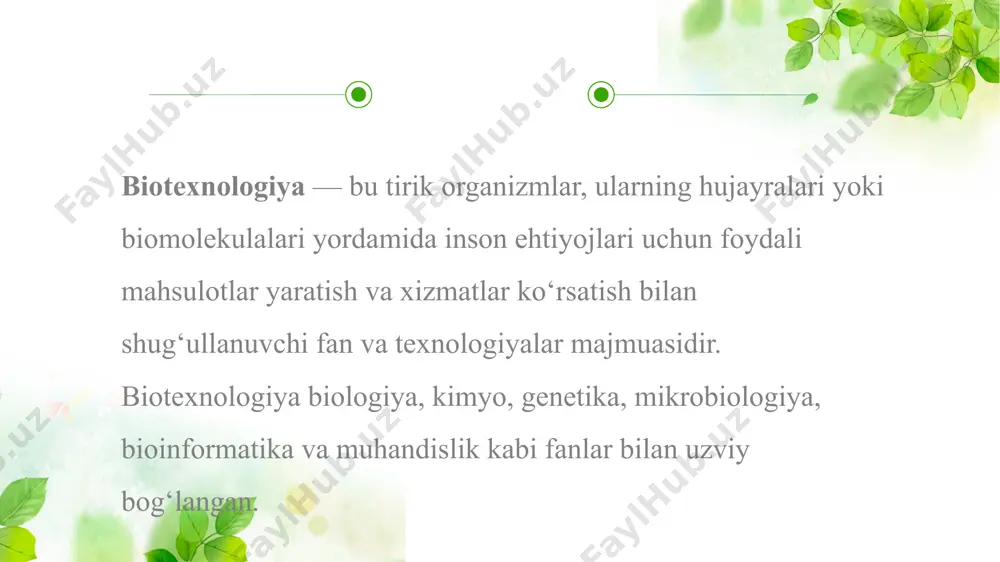 digan organizmlar bioyoqilg‘i (biogas, bioetanol) ishlab chiqarish 8. qishloq xo‘jaligi biotexnologiyasi qurg‘oqchilikka, zararkunandalarga chidamli navlar yaratish hayvonlar salomatligini nazorat qilish uchun genetik testlar chorvachilikda sun’iy urug‘lantirish va embriotransplantatsiya e’tiboringiz uchun rahmat!!! image1.png image2.png image3.png