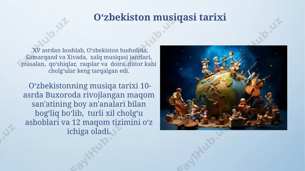 qoʻllaniladi. uning 7 ta asosiy ohangi bor. qoʻshnay, 3 ta torga ega boʻlgan va asosan andijon va namangan viloyatlarida mashhur boʻlgan, oʻzbek xalq musiqasida keng qoʻllaniladigan torli cholgʻu asbobidir. oʻzbek ta'limi va fanlari oʻzbekistonning 12 ta viloyatida 2023-yilda ta'lim sohasiga 5 milliard soʻm miqdorida qoʻshimcha mablagʻ ajratildi, bu esa maktablarning moddiy-texnik bazasini yaxshilashga qaratilgan. toshkent shahridagi oliy oʻquv yurtlarida 2024-yilga qadar 5000 dan ortiq yangi talaba oʻquv dasturlarini chuqurroq oʻrganish uchun zamonaviy texnologiyalar bilan jihozlangan laboratoriyalardan foydalanish imkoniyatiga ega boʻladi. oʻzbek sport turlari toshkent shahridagi "yunusobod" va "chilonzar" kabi yirik sport majmualari 5000 dan ortiq tomoshabinga moʻljallangan boʻlib, ular turli xil sport turlari, shu jumladan, milliy kurash musobaqalarini oʻtkazishga imkon beradi. oʻzbekistonning buxoro va samarqand kabi tarixiy shaharlarida anʼanaviy ot sporti turlari, jumladan, 20 dan ortiq turdagi milliy ot poygasi musobaqalari oʻtkaziladi. e'tiboringiz uchun rahmat @taqdimot_robot image4.png image5.jpg image6.jpg image7.jpg image8.jpg image9.jpg image10.jpg image11.jpg image12.jpg image13.jpg image14.jpg image15.jpg image16.jpg image17.jpg …