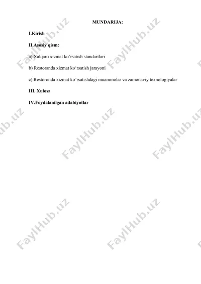 restoranda xizmat ko'rsatish standartlari — DOCX