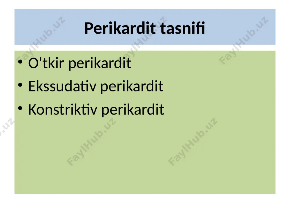 ga venoz qaytish kamayadi, o'pkada to'plangan yurakning chap qismlariga qo'shimcha qon oqimi tufayli yurakning zarba hajmi va qon bosimi oshadi. konstriktiv perikardit perikardning eng og'ir kasalligi sil, revmatik yoki yiringli perikardit natijasida rivojlanadi. perikardning ikkala bargining tolali chandiqlari va yopishishi perikardial bo'shliqning obliteratsiyasiga olib keladi, yurak atrofida qattiq membrana hosil bo'ladi va uzoq vaqt davomida perikardning sezilarli kalsifikatsiyasi hosil bo'ladi. konstriktiv perikarditni aniqlash qiyin. ko'pincha jigar kasalligi yoki idiopatik plevral efüzyon bilan yanglishadi konstriktiv perikardit klinikasi hech qanday sababsiz venoz bosimning oshishi. klassik uchlik "kichik jim" yurak, astsit, venoz bosimning oshishi. simpomalar : 1) sub'ektiv namoyishlar (nafas qisilishi, boshni keskin orqaga burish bilan yurak sohasidagi og'riq), o'ng hipokondriyumda og'irlik va og'riq hissi, zaiflik, yurak urishi, yurak ishida uzilishlar hissi); 2) majburiy yarim o'tirish holati; 3) aniq akrotsianoz, yuzning shishishi, shishgan bo'yin tomirlari, ko'krak, qorin, oyoq-qo'llarning yuzaki tomirlarining kengayishi; konstriktiv perikardit klinikasi 2 4) yurak sohasidagi protrusion, yurak tepasining sistolik tortilishi, …