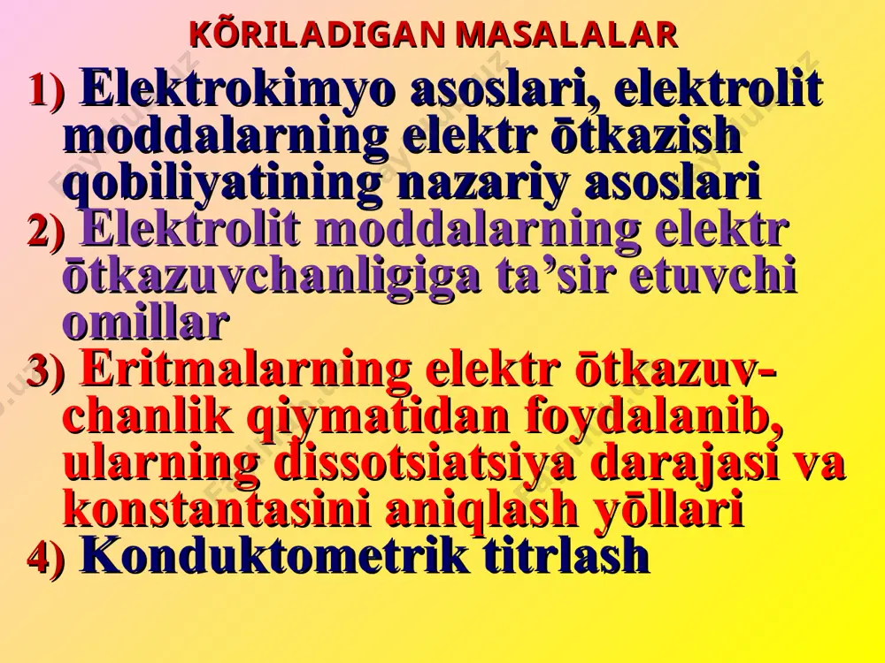 yurakni ishlab turishi (95 mv) muskullarni qisqarishi va h.k. xisobiga xarakatlanish toki yuzaga keladi. qõzḡalish (muskullarni qisqarishi va x.k.) xisobiga membranani tanlab õtkazishi yõqoladi va ular orasidan ionlar oqimi tez õta boshlaydi natijada organizmda elektr tõki paydo bõladi. elektrokimyoviy potensiallar uchun nernst tenglamasi e - elektrokimyoviy potensial e0 - standart elektrokimyoviy potensial r - universal gaz doimiysi t - absolut harorat f - faradey soni z -metall valentligi cme+z - metall ionlarining konsentratsiyasi agarda standart sharoitda doimiy qiymatlarni foydalansak nernst tenglamasi quyidagi kõrinishga õtadi: metall tuzini konsentrasiyasi cme+z =1 mol/l bõlsa potensial standart elektrokimyoviy potensial deyiladi. bu potensialni õlchaganda vodorod elek-trodi pt/ h+;h2 (evod.= 0) - solishtirish elek-trodi bo`ladi. - + zn cu cuso4 + zn = znso4+ cu cuso4 znso4 zn2+ cu2+ so42- g pt k3[fe(cn)6] agcl; ag k4[fe(cn)6] kcl (tõyingan) ag agcl;hcl shisha aniqlgan agcl; ag [h+]=const memb- eritma kcl rana [h+]=x (tõyingan) galvanik element shemasi oksidlanish - …