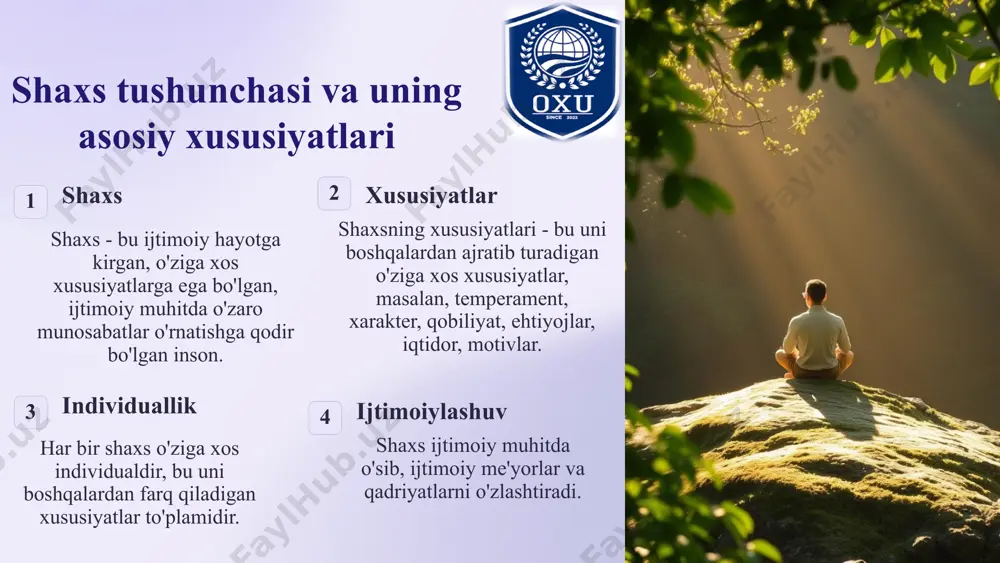 iliyatlar va iste'dodlar o'zlashtiriladi va rivojlantiriladi. 5 shaxsning ehtiyojlari, iqtidor va motivlari 1 ehtiyoj ehtiyoj - bu odamning hayotiy faoliyati va rivojlanishi uchun zarur bo'lgan biror narsaga bo'lgan talab. 2 iqtidor iqtidor - bu insonning ma'lum bir faoliyatni o'zlashtirishga va unda muvaffaqiyat qozonishga bo'lgan moyilligi. 3 motiv motiv - bu odamni ma'lum bir harakatga undaydigan ichki kuch. motivatsiyaga yo’l va uning qismlari demakdir. 6 shaxslararo munosabatlar va ularning rivojlanishi qarindosh-urug'lar o'rtasidagi munosabatlar umumiy manfaatlar va qadriyatlar asosidagi munosabatlar ish joyidagi hamkasblar o'rtasidagi munosabatlar jamiyatdagi odamlar o'rtasidagi keng qamrovli munosabatlar tur xususiyatlari oilaviy do'stona ishchi ijtimoiy 7 shaxsning o'z-o'zini boshqarishi va ijtimoiylashuvi o'z-o'zini boshqarish o'z-o'zini boshqarish - bu o'z xulq-atvorini nazorat qilish, maqsadlarga erishish uchun harakatlarini rejalashtirish va amalga oshirish qobiliyatidir. ijtimoiylashuv ijtimoiylashuv - bu insonning ijtimoiy muhitga moslashishi, ijtimoiy me'yorlarni o'zlashtirishi, ijtimoiy rolni o'ynashi jarayonidir. 8 shaxsning psixologik xavfsizligi 1 xavfsizlik shaxsning psixologik xavfsizligi - bu uning o'ziga va atrofidagi …