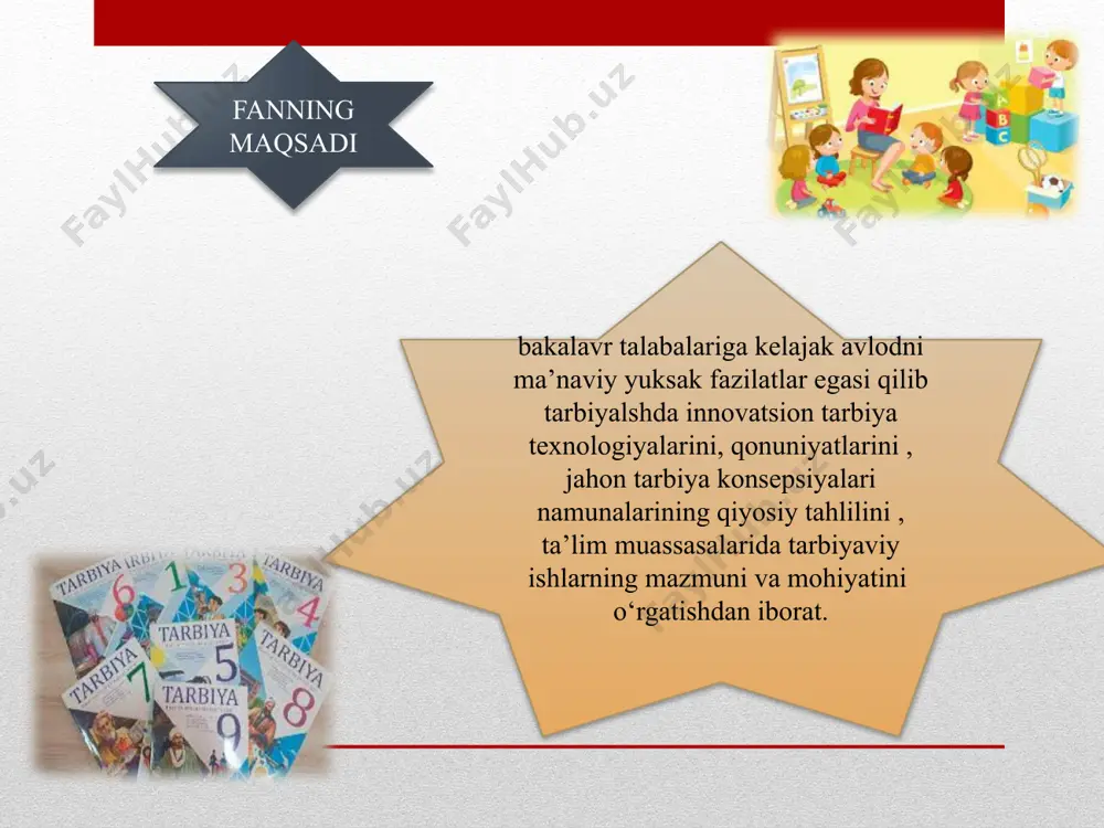 f jamoasining tashkil etish va tarbiyalash. 14-mavzu: darsdan tashqari vaqtlarda ta’lim-tarbiya muassasalarida bayramlarni, ommaviy tadbirlarni namunali o‘tkazish usullari. 15-mavzu: mehribonlik uylarida tarbiyaviy ishlarni tashkil etishning o‘ziga xosliklari. thank you!!! image2.png image3.png image4.png image5.png image6.png image7.png image8.png /docprops/thumbnail.jpeg