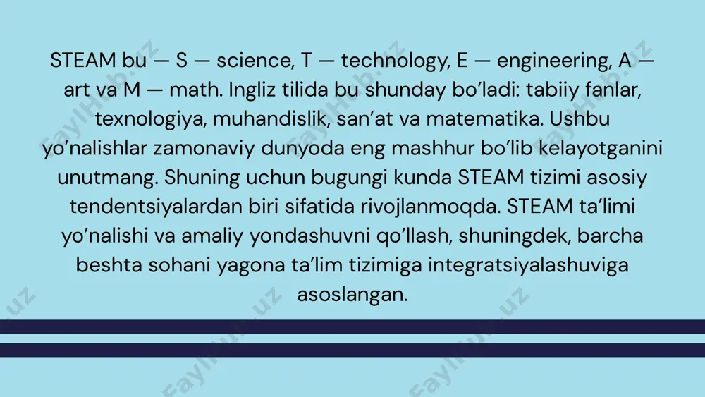 am ta'lim dunyodagi asosiy tendensiyalardan biri sifatida rivojlanmoqda va amaliyot yondashuvni qo'llashda beshta sohani yagona o'quv sxemasiga integratsiyalashga asoslangan. bunday ta'limning shartlari uning uzluksizligi va bolalarning guruhlarda o'zaro muloqot qilish qobiliyatini rivojlantirish bo'lib, bunda ular fikrlarni to'playdilar va fikrlar almashadilar. shuning uchun, asosiy ta'lim dasturiga legotexnologiyalar, bolalar tadqiqotlari kabi mantiqiy fikrlashni rivojlantirish modullari kiritilgan..steam farzandlarimizga -ixtirochilar, kashfiyotchilarning kelajak avlodi, olim siftida tadqiqotlar olib borish, texnologiyani shakllantirish, muhandis sifatida loyihalash, rassom sifatida yaratuvchi, matematik sifatida analitik fikr yuritishni o'yin orgali yuzaga keltiradi. 2014-yilda quddusda bo’lib o’tgan «steam forward» xalqaro konferensiyasida quyidagi bayonotlar bildirildi: bolalarni steamga jalb qilish. ushbu ta’lim maktabgacha yoshdan boshlab boshlanishi kerak, shuning uchun dasturlarni bolalar bog’chalariga kiritish kerak. fan tili ingliz tilidir. agar ilm-fanni o’rganish va olim bo’lishni istasangiz, bu tilni bilishingiz kerak. qizlar uchun steam-ta’lim dasturlari kerak. ilm-fan sohasidagi qizlar, ularning tartibliligi tufayli, o’g’il bolalar qila olmaydigan narsalarni qilishlari mumkin. science is fun! ilm-fan quvnoq bo’lishi kerak, …