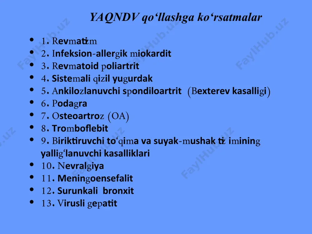 nojo‘ya ta‘siri miyga ta‘siri: ulserogen ta‘sir (pepsin va me‘da shirasi miqdorini ortiqcha stimullaydi) dispepsiya (ko‘ngil aynishi, qusish) ‹#› клиническая фармация в ревматологии /docprops/thumbnail.jpeg гк ножўя таъсирлари gk nojo‘ya ta‘sirlari каtabolik: оsteoporoz (vitamin dning kalsiy so‘rilishiga ta‘sirini kamaytiradi) mushak massasining kamayishi ҳоlsizlik bolalarning o‘sishi va jinsiy rivojlanishini ushlanib qolishi bo‘g‘im tog‘ayi metabolizmining susayishi gipovitaminoz (d, a, e, bc) ‹#› клиническая фармация в ревматологии /docprops/thumbnail.jpeg гк ножўя таъсири gk nojo‘ya ta‘siri mns ga ta‘siri: eegda -ritm sekinlashadi miya ichi bosimining oshishi kayfiyatning beqarorligi (eyforiya, depressiya, psixoz) ‹#› клиническая фармация в ревматологии /docprops/thumbnail.jpeg слайд 24 ko‘rsatmalar yallig‘lanuvchi, allergik va autoimmun kasalliklar (biriktiruvchi to‘q‘imaning diffuz kasalliklari, gemolitik anemiya, dermatit, allergik dermatitlar, brohial astma, organlar transplantatsiyasi) buyrak usti bezi etishmovchiligi (o‘rin bosuvchi davolash sifatida) turli etiologiyali shoshilinch holatlar (anafilaktik shok, turli etiologiyali shoklar, o‘pka shishi, astmatik status) ‹#› клиническая фармация в ревматологии 24 8 клиническая фармация в ревматологии gk qabulqilishsutkaningertalabkivaqtlaridao‘tkazilishikerak: 5.00-6.00 uzoqvaqtgk qabulqiluvchi bemorlargasutkalikdozaning2/3 qisminiertalabkivaqtda5.00-6.00 …