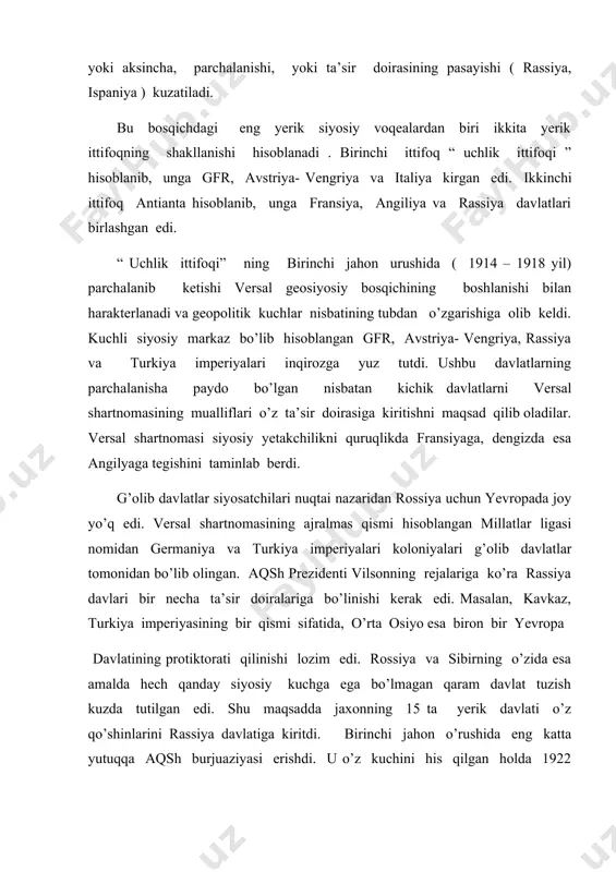 yo kanada 9976 sh amerika xitoy 9597 osiyo aqsh 9363 sh amerika braziliya 8512 j amerika avstraliya 7687 avstraliya hindiston 3288 osiyo argentina 2777 j amerika qozogiston 2717 osiyo o’zbekiston 448,9 osiyo aholisini soni eng ko’p va eng kambo’lgandunyomamlakatlari. ( 2004 ) aholisi eng kop davlatlar nomi mlnkishi aholisi eng kam davlatlar nomi ming kishi xitoy 1266,4 ueyk orollari 0,2 hindiston 1064,4 vatikan 0,8 aqsh 291,0 mudue 1,0 indoneziya 214,5 pitkern 1,0 braziliya 176,6 niue 2,0 pokiston 148,4 tokelau norfolk 2,0 rossiya fed 143,4 folklend orollari 2,0 bangladesh 138,1 avliyo yelena oroli 6,0 nigeriya 135,6 sen pyer va mikelon 6,0 yaponiya 127,2 millatlar ligasi yordamida g’olib davlatlar tomonidan germaniya va rossiya o’rtasidagi fransiya va angliya davlatlari ta’sir doirasida bo’gan bir guruh davlatlardan iborat “sanitary kordon “tashkil etildi va bu bilan ikki yirik davlatning to’g’ridan to’g’ri aloqalariga chek qo’yildi. ikkinchi jahon urushi versal tinchligiga chek qo’yildi. urushni barcha qiyinchiliklarinini sobiq ittifoq …