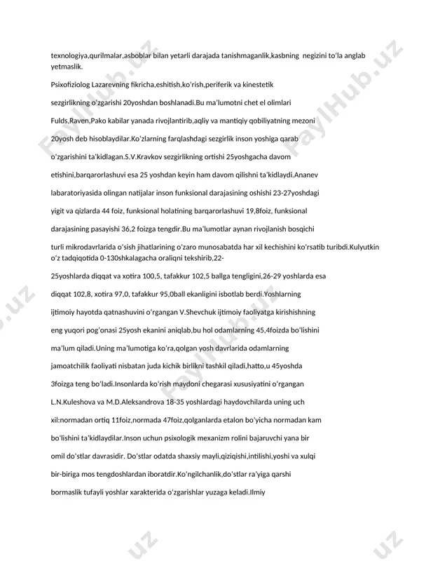 zgarishini taʼkidlagan.s.v.kravkov sezgirlikning ortishi 25yoshgacha davom etishini,barqarorlashuvi esa 25 yoshdan keyin ham davom qilishni taʼkidlaydi.ananev labaratoriyasida olingan natijalar inson funksional darajasining oshishi 23-27yoshdagi yigit va qizlarda 44 foiz, funksional holatining barqarorlashuvi 19,8foiz, funksional darajasining pasayishi 36,2 foizga tengdir.bu maʼlumotlar aynan rivojlanish bosqichi turli mikrodavrlarida oʻsish jihatlarining oʻzaro munosabatda har xil kechishini koʻrsatib turibdi.kulyutkin oʻz tadqiqotida 0-130shkalagacha oraliqni tekshirib,22- 25yoshlarda diqqat va xotira 100,5, tafakkur 102,5 ballga tengligini,26-29 yoshlarda esa diqqat 102,8, xotira 97,0, tafakkur 95,0ball ekanligini isbotlab berdi.yoshlarning ijtimoiy hayotda qatnashuvini oʻrgangan v.shevchuk ijtimoiy faoliyatga kirishishning eng yuqori pogʻonasi 25yosh ekanini aniqlab,bu hol odamlarning 45,4foizda boʻlishini maʼlum qiladi.uning maʼlumotiga koʻra,qolgan yosh davrlarida odamlarning jamoatchilik faoliyati nisbatan juda kichik birlikni tashkil qiladi,hatto,u 45yoshda 3foizga teng boʻladi.insonlarda koʻrish maydoni chegarasi xususiyatini oʻrgangan l.n.kuleshova va m.d.aleksandrova 18-35 yoshlardagi haydovchilarda uning uch xil:normadan ortiq 11foiz,normada 47foiz,qolganlarda etalon boʻyicha normadan kam boʻlishini taʼkidlaydilar.inson uchun psixologik mexanizm rolini bajaruvchi yana bir omil doʻstlar davrasidir. doʻstlar odatda …