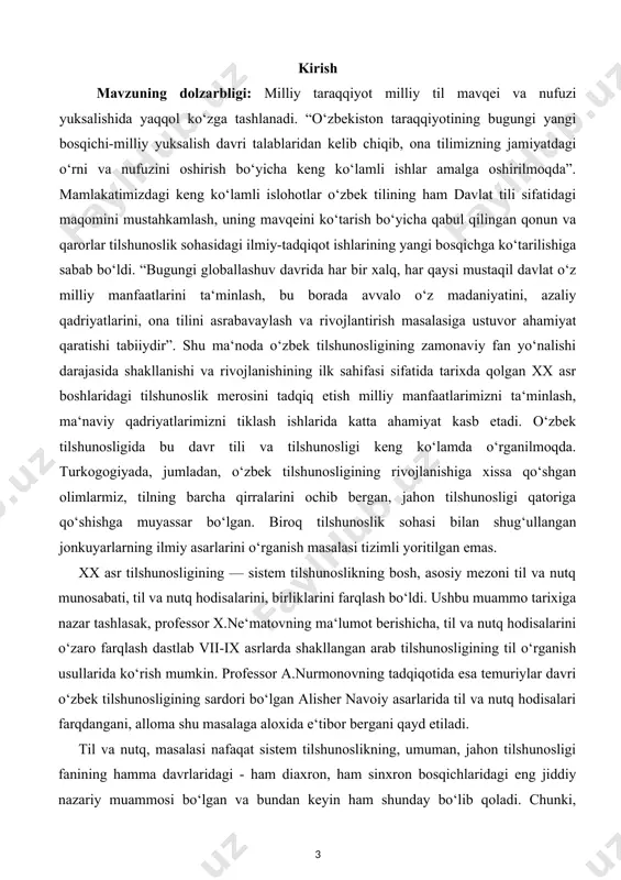 tik talqini. lisoniy va nutqiy birliklar. til, lison va nutq munosabati kurs ishning tadqiqot uslubi va uslubiyoti: ilmiy ommabop manbalardan to‘plangan ma’lumotlar tahlil qilib,xulosa va takliflar qilish. kurs ishi tuzilishi: bajarilgan kurs ishi kirish qismi, asosiy qism va qilingan xulosalardan iborat. ishda o‘rganilishi e’tiborga olingan ma’lumotlar tushunarli ravishda ifodalash uchun chizma jadvallar va rasmlar berildi.ishga qo‘yilgan maqsadga erishishi uchun to‘plangan adabiyotlar manbalarning nomlari va elektron manzillari keltirildi. asosiy qism 1. til hodisalarida zohiriy (nutqiy) va botiniy (lisoniy) jihat. o‘zbek tilshunosligi o‘zining (xx asrning 20-yillaridan 90-yillari-gacha) amaliy bosqichni bosib o‘tdi. bu davrda amalga oshirilgan ishlar quyidagilardan iborat edi: 1) tilning bo‘limlari aniqlandi; 2) har bir bo‘limga doir birliklar chegaralandi; 3) birliklarning zohiriy alomatlari yoritildi. masalan, fonetika sohasida hozirgi o‘zbek tilida 6 ta unli, 24 ta undosh borligi aniqlanib, ularning bevosita sezgi a’zolariga ta’sir qiluvchi xossalari o‘rganildi. unlilardagi lablanganlik-lablanmaganlik, til orqa, til o‘rta, til oldi, yuqori torlik, quyi va o‘rta kenglik belgilari …