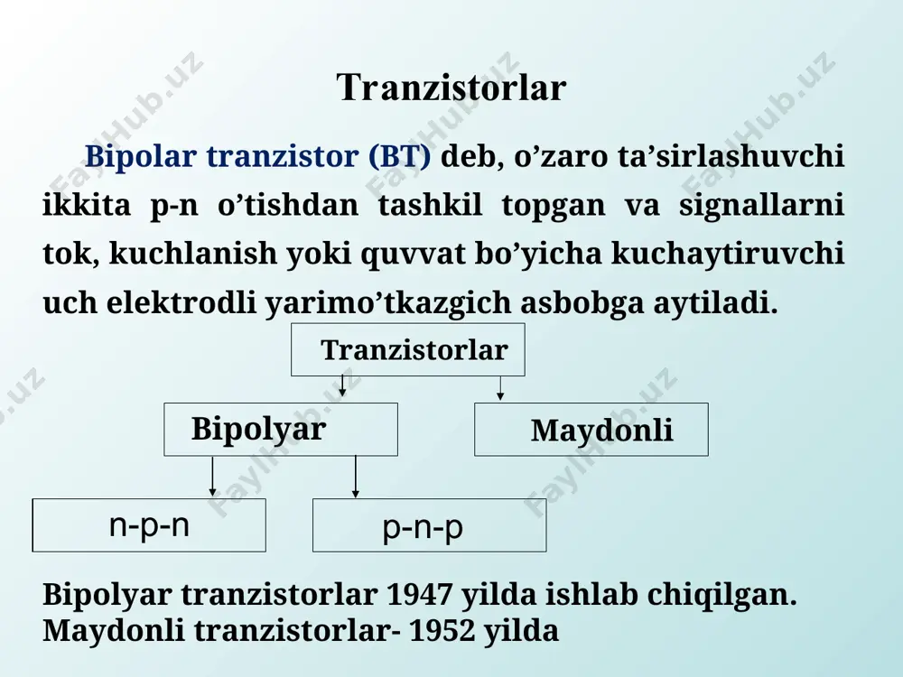 er (ue); umumiy kollektor (uk) btning ishlashi uch hodisa hisobiga amalga oshadi: emitterdan asosiy zaryad tashuvchilarning bazaga injeksiyalanishi; - bazaga injeksiyalangan eztlarning diffuziya va dreyf hisobiga ko’gacha yetib kelishi; - bazaga injeksiyalangan va ko’gacha yetib kelgan noasosiy zaryad tashuvchilarning ekstraksiyalanishi bipolar tranzistorning elektr modellari modellashning asosiy vazifasi bt elektr xarakteristikalari bilan fizik parametrlari orasidagi bog’lanishni aniqlashdan iborat. buning uchun bt elektr model ko’rinishida keltiriladi. uning modeli ba’zan ekvivalent sxema yoki almashlash sxemasi deb ham ataladi elektr modelda bt oddiy elementlar (diod, tok manbai, rezistor va kondensatorlar) yoki to’rt qutbli bilan almashtiriladi. tranzistor modellari elektron sxemalar parametrlari va xarakteristikalarini hisoblashda va eng muhimi, integral sxemalarni ishlab chiqarishda, murakkab sxemani sodda va aniq modellar asosida tahlil qilish zarur bo’lganda ishlatiladi. ishlash rejimlari aktiv rejim. emitent o'tish joyiga to'g'ridan-to'g'ri kuchlanish, kollektor birikmasiga esa teskari kuchlanish qo'llaniladi. analog signallar bilan ishlashda bu rejim tranzistorning asosiy ish rejimi hisoblanadi. o'chirish rejimi. ikkala o'tish joyiga teskari …