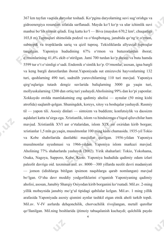 l tokio va kobe shahrilarida dastlabki masjidlar qurilgan. 1956-yildan yaponiya musulmonlar uyushmasi va 1966-yildan yaponiya islom markazi mavjud. aholining 77% shaharlarda yashaydi (2002). yirik shaharlari: tokio, yokohama, osaka, nagoya, sapporo, kobe, kioto. yaponiya hududida qadimiy odam izlari paleolit davriga oid. taxminan mil. av. 8000—300 yillarda neolit davri madaniyati — jomon (idishlarga bitilgan ipsimon naqshlarga qarab nomlangan) mavjud boʻlgan. oʻsha davr moddiy yodgorliklarini oʻrganish yaponiyaning qadimiy aholisi, asosan, janubiy sharqiy osiyodan kirib borganini koʻrsatadi. mil.av. 2-ming yillik mobaynida janubiy moʻgʻul tipidagi qabilalar kelgan. mil.av. 1 ming yillik arafasida yaponiyada asosiy qismini aynlar tashkil etgan etnik aholi tarkib topdi. mil.av. v-iv asrlarda dehqonchilik, chorvachilik rivojlangan, metall qurollar qoʻllanilgan. mil.ning boshlarida ijtimoiy tabaqalanish kuchaydi; qulchilik paydo boʻldi. iv asr oʻrtalarida tashkil topgan yirik qabilalar ittifoqi — yamato asoshida ilk yapon davlati tarkib topdi. v asrdan iyeroglif yozuvi, vi asrdan buddizm tarqaldi. yamato hukmdorlari tashqi aloqalarda "tenno" unvonini qoʻllay boshlagan. bu unvon hozirgacha ham …