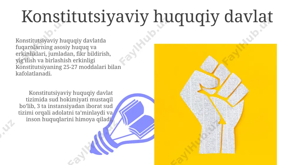 zi cheklashlar mavjud. konstitutsiya islohotlari va istiqbollari 2022 yilgi konstitutsiyaviy islohotlar parlamentning roli va vakolatlarini kuchaytirib, davlat boshqaruvidagi muvozanatni ta'minlashga qaratilgan. islohotlardan so'ng, sud tizimining mustaqilligini ta'minlash maqsadida 20 dan ortiq yangi qonunlar qabul qilindi, bu inson huquqlarini himoya qilish samaradorligini oshiradi. gender tengligi va ayollar huquqlari millat, irq, millati, dini, ijtimoiy kelib chiqishi va jinsiga qaramasdan, ayollar ta’lim, sog‘liqni saqlash va ishga joylashish kabi sohalarda teng imkoniyatlarga ega bo‘lishlari konstitutsiyaviy huquqdir. o‘zbekiston respublikasining konstitutsiyasi gender tengligini kafolatlab, ayollarga erkaklar bilan teng huquq va erkinliklarni ta’minlaydi, jumladan, 18 yoshga to‘lgan ayollar saylov huquqiga ega. muhojirlar va qochqinlar huquqlari 01 02 taxminan 10 million muhojir va qochqinlar dunyo miqyosida majburiy ko'chish tufayli uy-joy, sog'liqni saqlash va ta'lim kabi asosiy ehtiyojlarga kirish imkoniyatlariga cheklovlarga duch kelmoqda. sales 1st qtr 2nd qtr 100 0 sales 1st qtr 2nd qtr 100 0 qonun ustuvorligi printsipi ushbu printsip bo'yicha 2 yoki undan ortiq huquqiy hujjatlar …
