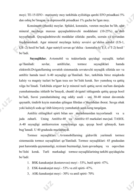 usdan past haroratda qaynamasligi, rezinani buzmasligi, kam qovushqoq va oquvchan bo’lishi kerak. turli markadagi tormoz suyuqliklarining tarkibi quyidagicha bo’ladi: 1. bsk-kanakunjut (kostorovoe) moyi - 53%, butil spirti- 47%. 2. esk-kanakunjut moyi - 53% va etil spirti- 47%. 3, ask-kanakunjut moyi - 30% va amil spirti- 70% 4. lask-kanakunjut moyi - 30% va izoatil spirti- 70%. elektrolit. akkumulyator batareyasi bankalariga elektrolit qo’yiladi. eletroiit sulfat kislotasi bilan distrlangan suv koisentravdshsidan iborat. elektrolitning zichligi 1,25-1,31 g/ kub. sm orasida bo’ladi. 2. dvigateldan uzatiladigan quvvat uning ishlash vaqtida uchraydigan turli xil qarshiliklarni engishga sarflanadigan quvvatlar yig'indisiga teng. traktor dvigatelidan uzatilayotgan quvvatning uning ishlashida nimalarga sarflanayottanini ko’rsatuvchi tenglama traktorning quvvat balansi tenglamasi deb ataladi. u ushbu ko’rinishda bo’ladi: ne= nil+ nf+nsh nko’t+ nt+ nqov bunda : ne -dvigatelning effektiv quvvati; ntr- transrnissiyada sarflanadigan quvvat; nf - traktorning yumalab yurishiga sarflanadigan quvvat; nsh - traktorning shataksirashiga ketadigan quvvat; nko’t -traktorning tepalikka chiqishiga sarflanadigan quvvat; nilm - …