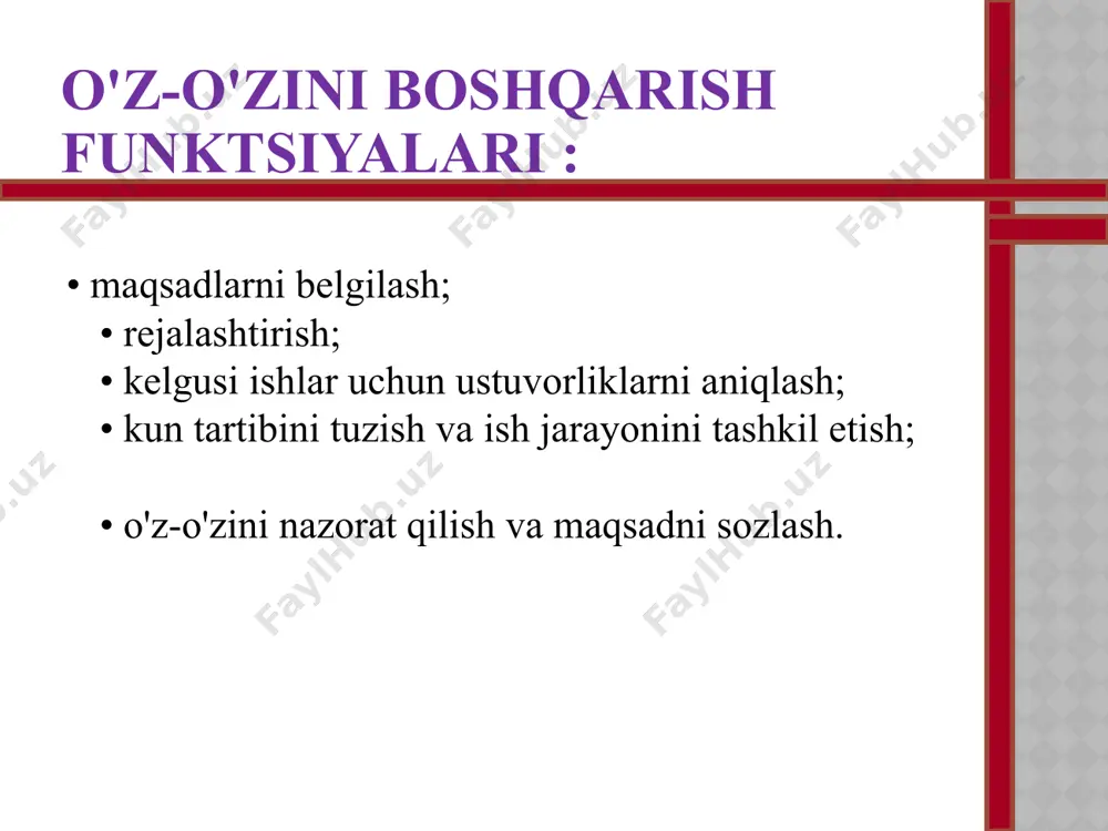 yoki mehnat taqsimotining kamchiliklari; 12) tasodifiy telefon qo'ng'iroqlari; interferentsiyani tahlil qilish uchun savollar qaysi aralashuvlar “qimmatbaho” edi? qaysi qo'ng'iroqlar foydasiz edi? qanday tashriflar shart emas? qaysi telefon suhbatlari qisqaroq bo'lishi mumkin? qaysi tashriflar qisqaroq bo'lishi kerak? samaraliroqmi? kim sizni ishingizdan ko'proq chalg'itdi? vaqtni rejalashtirish rejalashtirish maqsadlarni amalga oshirishga tayyorgarlik ko'rish va ish vaqtini tashkil qilishni anglatadi. amaliyotdan ma'lumki, agar siz ish vaqtingizni rejalashtirishga 10 daqiqa vaqt ajratsangiz, har kuni 2 soatgacha tejashingiz mumkin. rejalashtirishda vaqtdan oqilona foydalanish ta'minlanadi: yoki mavjud vaqt yoki maqsadlaringizga erishing kamroq vaqt sarflagan holda samarali foydalanish uchun foydalaning faoliyat (minimal mezon). (maksimal mezon). rejalashtirish - bu maqsadlarni amalga oshirishga tayyorgarlik ko'rish va vaqtni tashkil etish (tashkil etish). rejalashtirishda siz quyidagi asosiy qoidalarni hisobga olishingiz kerak: 1. kunning rejasini tuzayotganda, vaqtning 40% ni bo'sh qoldiring, ya'ni. vaqtning 60% rejalashtirilgan ishlarga, 20% kutilmagan ishlarga, 20% o'z-o'zidan paydo bo'ladigan ishlarga (faol o'zini o'zi boshqarish ) ajratilishi kerak; 2. sarflangan …
