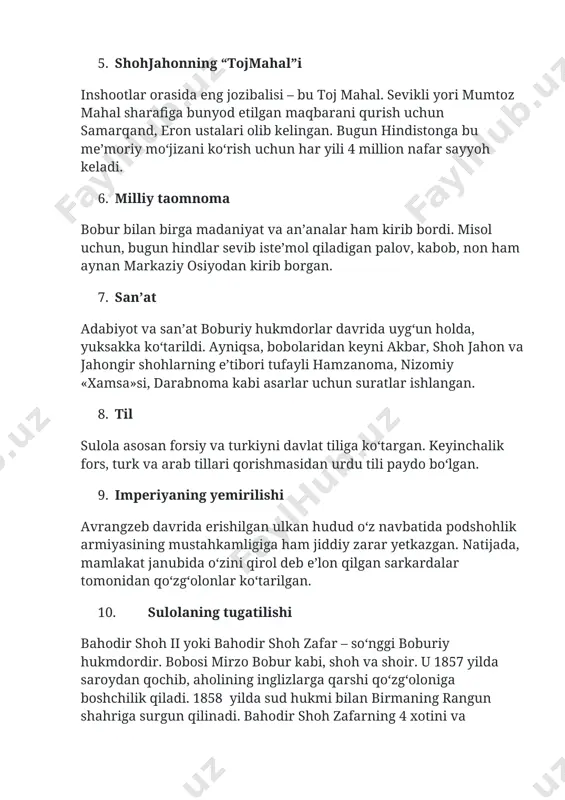 moqda. “ko‘hi nur” olmosi “boburnoma”da tilga olingan, “dunyodagi eng katta olmos” deya ta’riflanadigan bu javohir uzoq yillar davomida boburiy hukmdorlar tasarrufida bo‘lgan. nomi “tog‘ning nuri” ma’nosini anglatuvchi tosh unga ega bo‘lgan hukmdorning kuch-qudratining ramzi bo‘lgan. uning og‘irligi 191.10 karat bo‘lib, mirzo bobur uning bahosiga dunyo aholisini 2.5 kun boqish mumkinligini aytgan. hind afsonalariga ko‘ra, bu tosh ham o‘z egasini tanlaydi. unga ega chiqqan kimdir qudratli, boshqasi xonavayron bo‘lgan. ko‘hi nur olmosi boburiy shahzodalarga kuch-qudrat olib kelgan. uni humoyunga ibrohim lo‘di xonadoni vakillari shahzodadan shafqat ko‘rgani bois sovg‘a qilishgan. inglizlar bosqinidan keyin ist-indiya kompaniyasi uni qirolicha viktoriyaga sovg‘a qiladi. so‘nggi 150 yildan buyon britaniyada saqlanadi. u dunyodagi eng qimmat bosh kiyim bo‘lmish qirolicha elizabetning tojining markaziga o‘rnatilib, tojdagi 2.800 nafar qimmatbaho toshlarning eng kattasidir. qayta ishlash jarayonida uning 43 foiz vazni yo‘qolgan. image1.jpeg