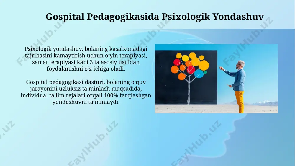 atish va psixosomatik salomatlikni rivojlantirishga asoslanadi. gospital pedagogikasida muloqotning ahamiyati muvaffaqiyatli muloqot natijasida bemorlarning 70% gacha sog'ayish jarayonida faol ishtirok etishlari va davolanishga rioya qilishlari kuzatiladi, bu esa reabilitatsiya muddatlarini qisqartiradi. gospital muhitida samarali muloqotning 5 ta asosiy komponenti (og'zaki va yozma aloqa, tananing tili, eshitish, empatiya)ni o'rganish va qo'llash pedagogikaning asosiy maqsadlaridan biridir. gospital pedagogikasining prinsiplari gospital pedagogikasi samaradorligini baholashda, bemorlarning sog'ayish sur'atlarini kuzatish bilan birga, ularning qoniqish darajasi va 20% dan kam bo'lmagan sog'lom turmush tarziga o'tish ko'rsatkichlari hisobga olinadi. gospital pedagogikasi, bemorlarning 3 ta asosiy ehtiyojini (jismoniy, psixologik va ijtimoiy) qondirishga qaratilgan holda, ularning sog'ayish jarayoniga faol yordam berishga intiladi. gospital pedagogikasi va jamiyat “gospital pedagogikasi va jamiyat” kursi, taxminan 10 ta asosiy moduldan iborat boʻlib, har bir modulda amaliy mashgʻulotlar va 5 dan ortiq holatlar tahlili oʻtkaziladi. kursning asosiy maqsadi – talabalarga sogʻliqni saqlash tizimining ijtimoiy jihatlarini tushunish va 15 dan ziyod turdagi kasalliklar profilaktikasi boʻyicha …