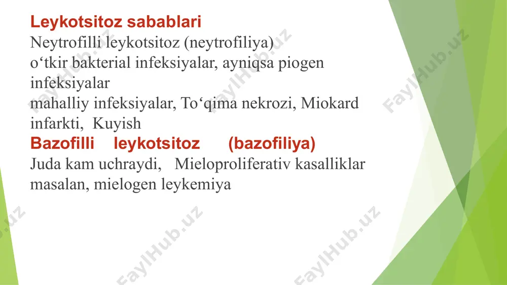 ol o'ynaydi. ular energiyani ishlab chiqarish, oksidlanish-reduksiya jarayonlari, va yallig'lanish molekulalari ishlab chiqarish kabi jarayonlar orqali o'z faoliyatlarini amalga oshiradilar. leykotsitlar metabolizmi ularning tez va samarali faoliyatini ta'minlash uchun doimo adaptatsiya qilishi va o'zgarib turishi kerak. foydalanilgan adabiyotlar 1.r.a.sobirova, o.a.abrorov, f.x.inoyatova, a.n.aripov.toshkent «yangi asr avlodi» 2006 2.med24.uz.mirxojiyeva.m. sulaymonova.l. image1.png image2.png image3.png image4.png image5.png image6.png image7.png image8.png /docprops/thumbnail.jpeg