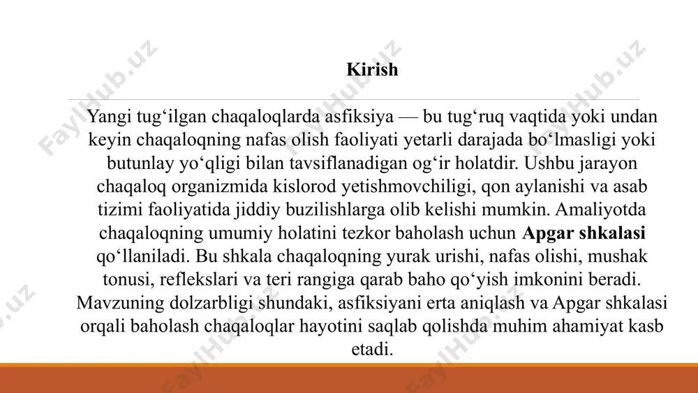 chida shikastlanishi mumkin. 3 apgar shkalasi: tarixi va maqsadi tarixiy asos apgar shkalasi 1952 yilda amerikalik anesteziolog dr. virginia apgar tomonidan ishlab chiqilgan. bu baholash tizimi chaqaloqlarning tug‘ilishdan keyingi dastlabki daqiqalardagi holatini tez va samarali aniqlash uchun yaratilgan. tezkor baholash ushbu shkala chaqaloqning tug‘ilishdan keyingi 1 va 5 daqiqalarida uning umumiy holatini baholashga mo‘ljallangan. bu chaqaloqning tashqi muhitga moslashish qobiliyatini ko‘rsatadi va shoshilinch yordam kerakmi yoki yo‘qligini aniqlashga yordam beradi. asosiy maqsad apgar shkalasining asosiy maqsadi — nafas olishni tiklash zaruriyatini tezda aniqlash va chaqaloqqa o‘z vaqtida tibbiy yordam ko‘rsatish. bu chaqaloqning hayotini saqlab qolishda muhim rol o‘ynaydi. 4 apgar shkalasining 5 asosiy elementi rang (appearance) chaqaloqning terisi rangi. to‘liq pushti rang (2 ball), qo‘l-oyoqlarda ko‘karlik (akrotsianoz) (1 ball) yoki butun tanada ko‘karlik (sianoz) (0 ball). yurak urishi (pulse) chaqaloqning yurak urish tezligi. 0 ball (puls yo‘q), 1 ball (<100 urish/daqiqada), 2 ball (≥100 urish/daqiqada). refleks javobi (grimace) tashqi ta'sirlarga …