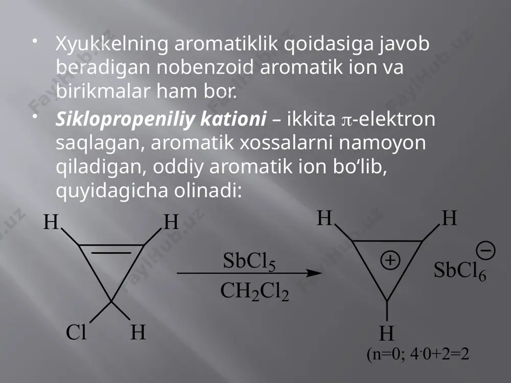zulen − to‘q ko‘k rangli kristall modda bo‘lib, aromatik xossalarni yaqqol namoyon qiladi. 14- va 18-elektronli annulenlar ham aromatik xossalarga ega. lekin halqa ichidagi vodorod atomlarining itarilishi molekulani notekis qilib, barqarorligini kamaytiradi: image2.emf image3.emf image4.emf image5.emf image6.emf image7.emf image8.emf image9.emf hh clh sbcl 5 ch 2 cl 2 h hh sbcl 6 (n=0; 4 . 0+2=2 c 6 h 5 c 6 h 5 c 6 h 5 (bf 3 cn) ch c 5 h 5 yoki yoki yoki c 7 h 7 + yokiyoki hh hso 4 cl bf 4 + (c 6 h 5 ) 3 ch 2h 2 so 4 -h 2 o; -so 2 pcl 5 -pcl 3, -hcl (c 6 h 5 ) 3 cbf 4 ch 3 cn br h h 2 c cooc 2 h 5 cooc 2 h 5 h ch(cooc 2 h 5 ) 2 1 2 3 4 5 6 …
